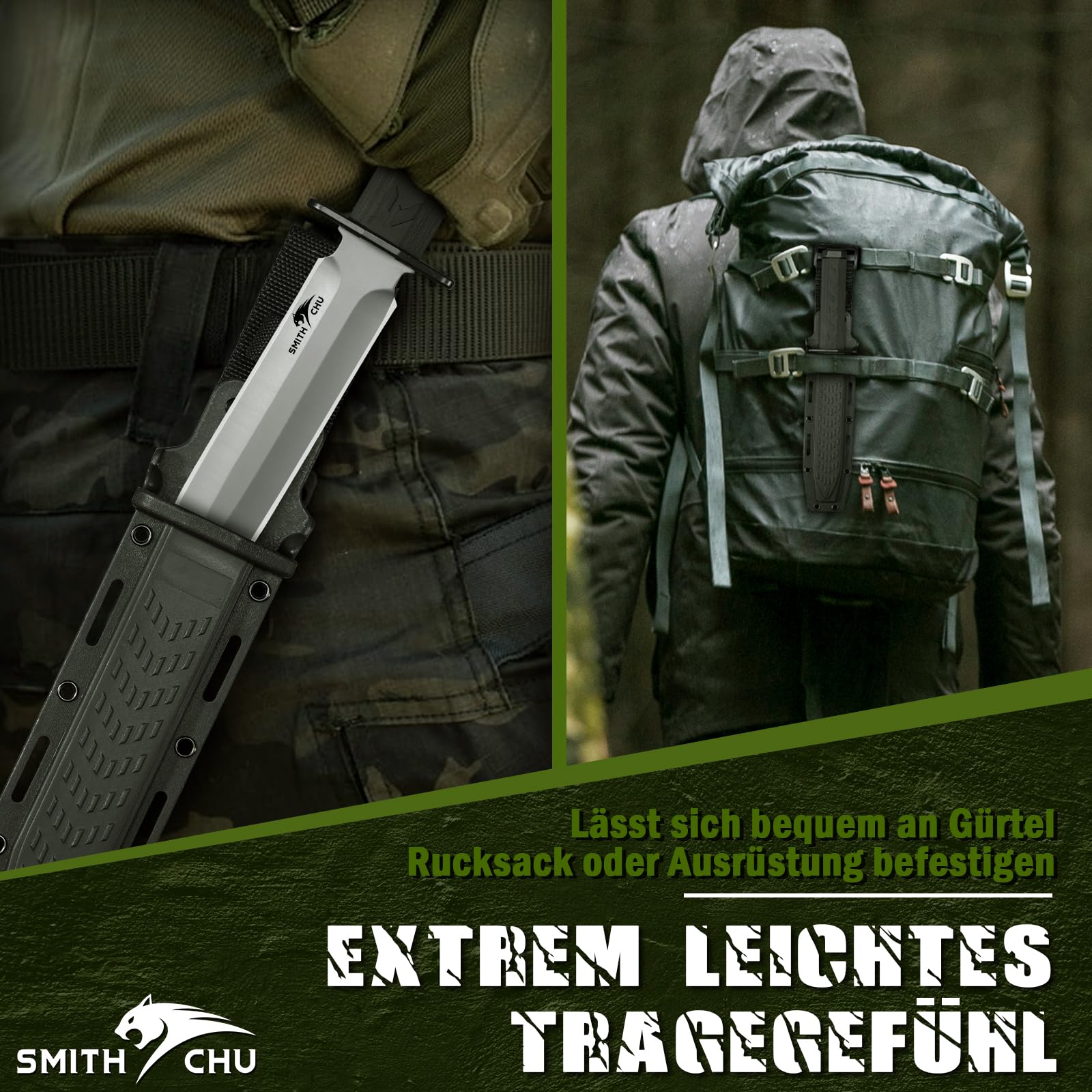 SMITH CHU Outdoor Messer Feststehend, Survival Messer für Trekking Camping, Kydex Scheide mit Schleifstein, Ergonomischer Griff, Schwarz Bushcraft Ausrüstung, Geschenke für Männer