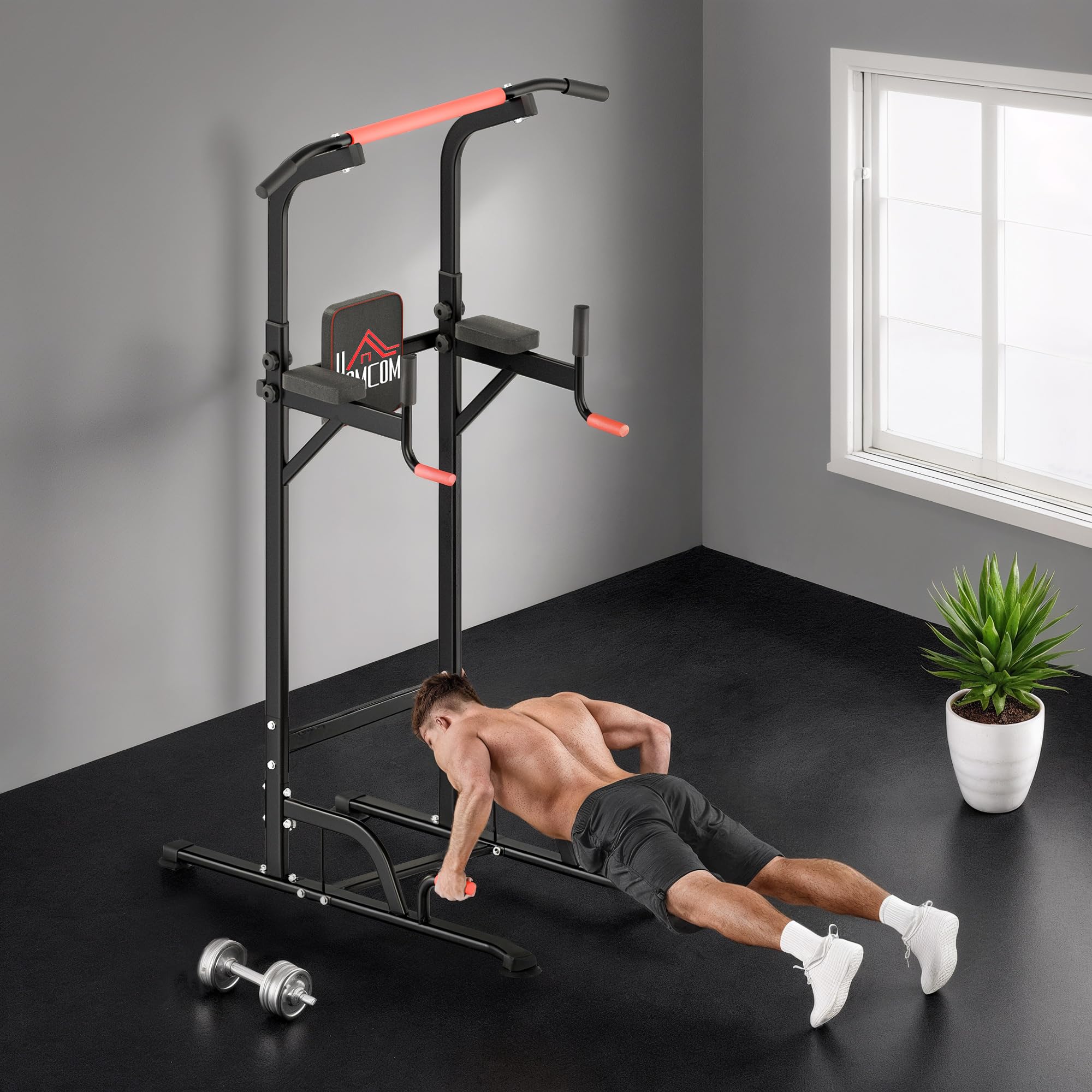 HOMCOM Barra per Trazioni Power Tower Stazione Fitness Multifunzione Regolabile 189-239cm in Acciaio Nero Rosso