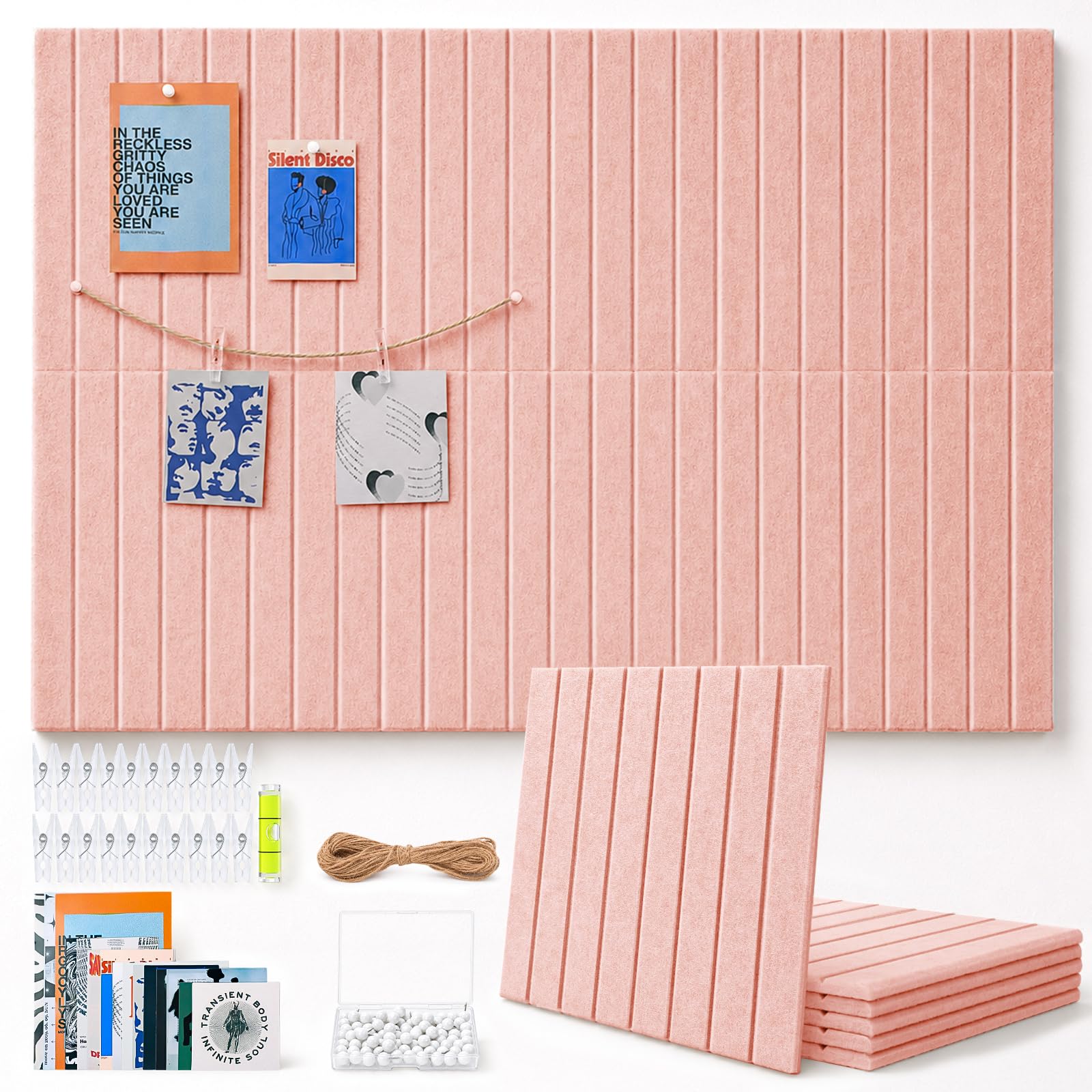 TruuNotion 6 Pack Felt Pin Board Self Adhesive, 36 x 24inch Notice Board Tiles 0.9cm Thick Vision Board with 48 Nano Pads, 100 Push Pins, Clips, Cork Board Alternative for Office, Kitchen, Home (Pink)