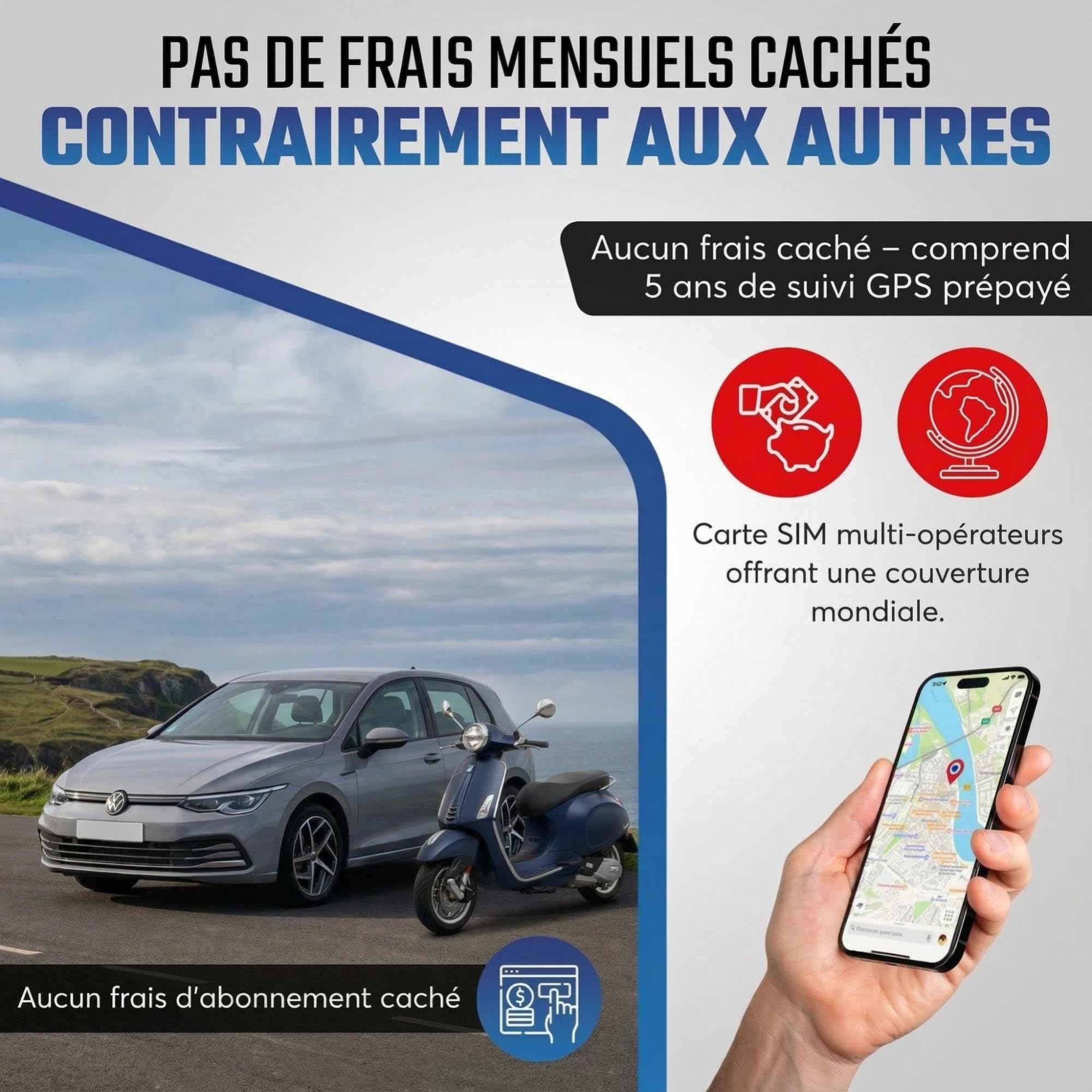 Traceur GPS Voitures et Motos – sans Frais mensuels, sans Recharge – App Mobile + abonnement 5 Ans Inclus – Tracker GPS véhicules, Scooter et Moto – Localisation en Temps réel & alertes