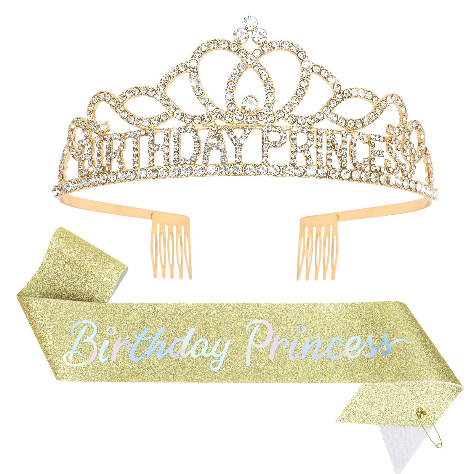 CAVETEE Princess Crowns and Sashes for Girls & Women - Birthday Party Decorations Set
