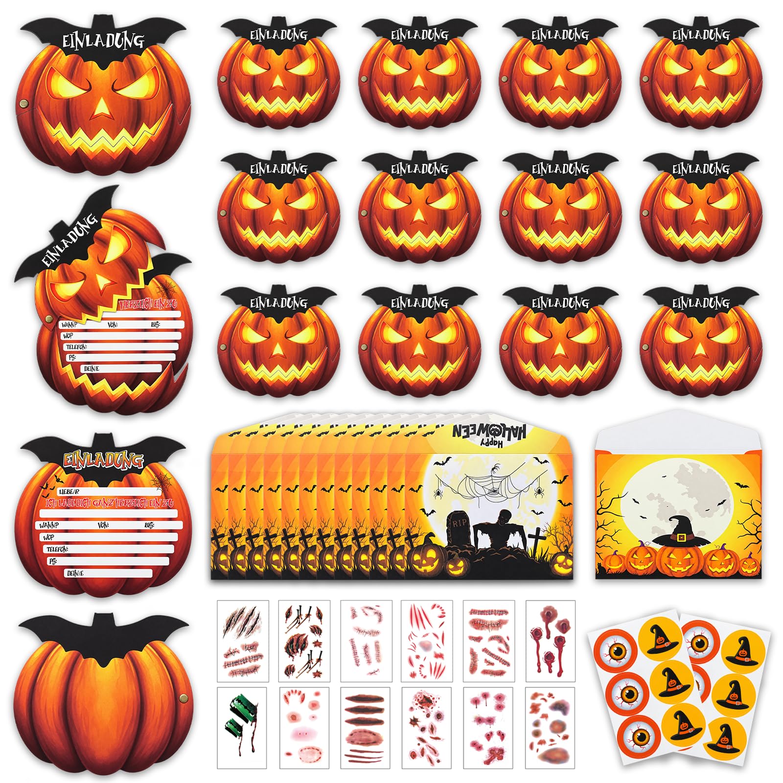 Halloween Einladungskarten Kinder Halloween Einladungskarten | Grusel Party Einladungen Karten mit Umschlägen und Aufklebern, Gruselige Kürbis Einladungskarte zum Geburtstag