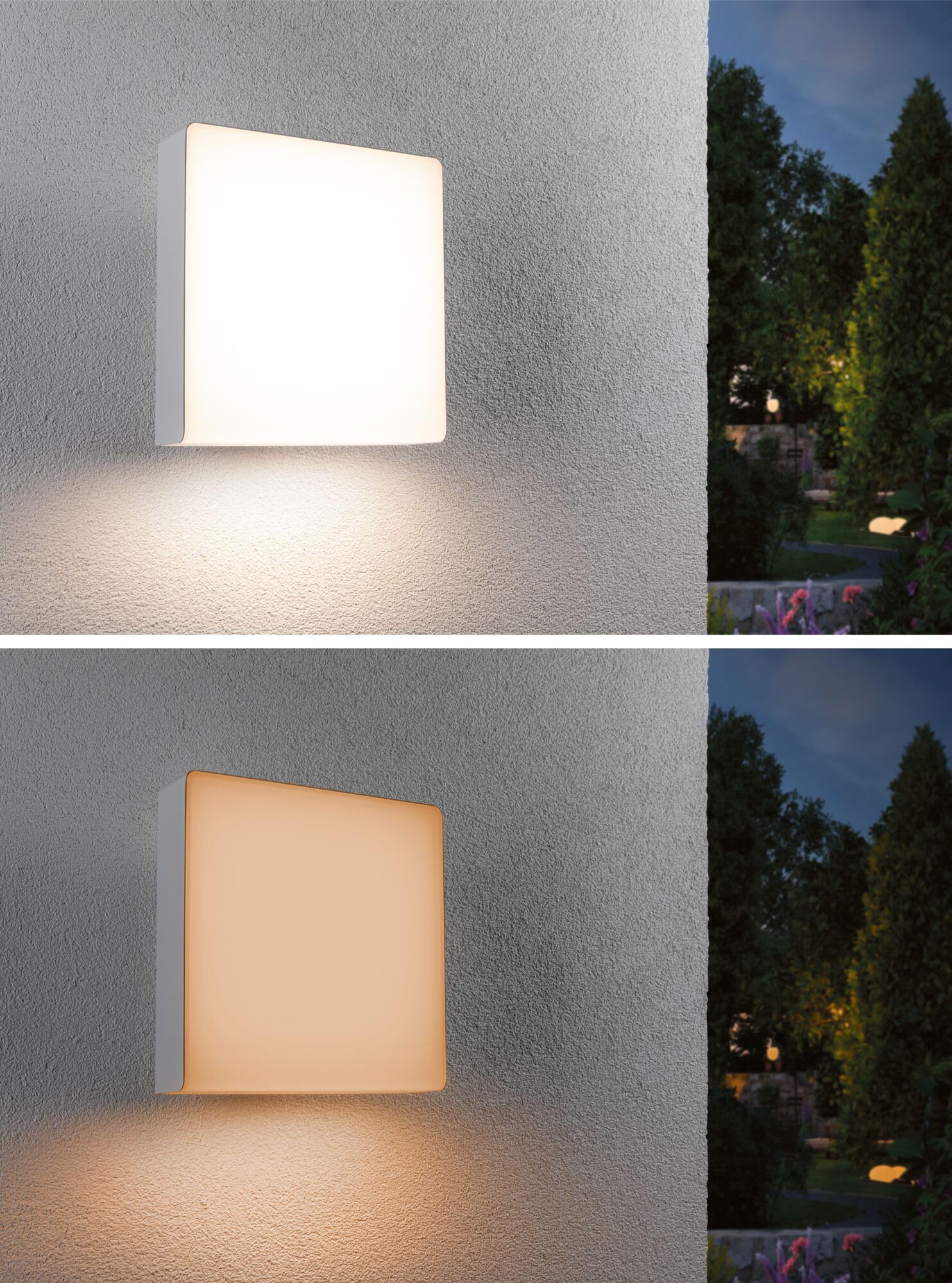 Paulmann LED Außenwandleuchte Smart Home Zigbee 3.0 Azalena Dämmerungsgesteuerter Bewegungsmelder (HF) insektenfreundlich IP44 250x250mm Tunable Warm 8,5W 700lm 230V Weiß Kunststoff, Aluminium 94843