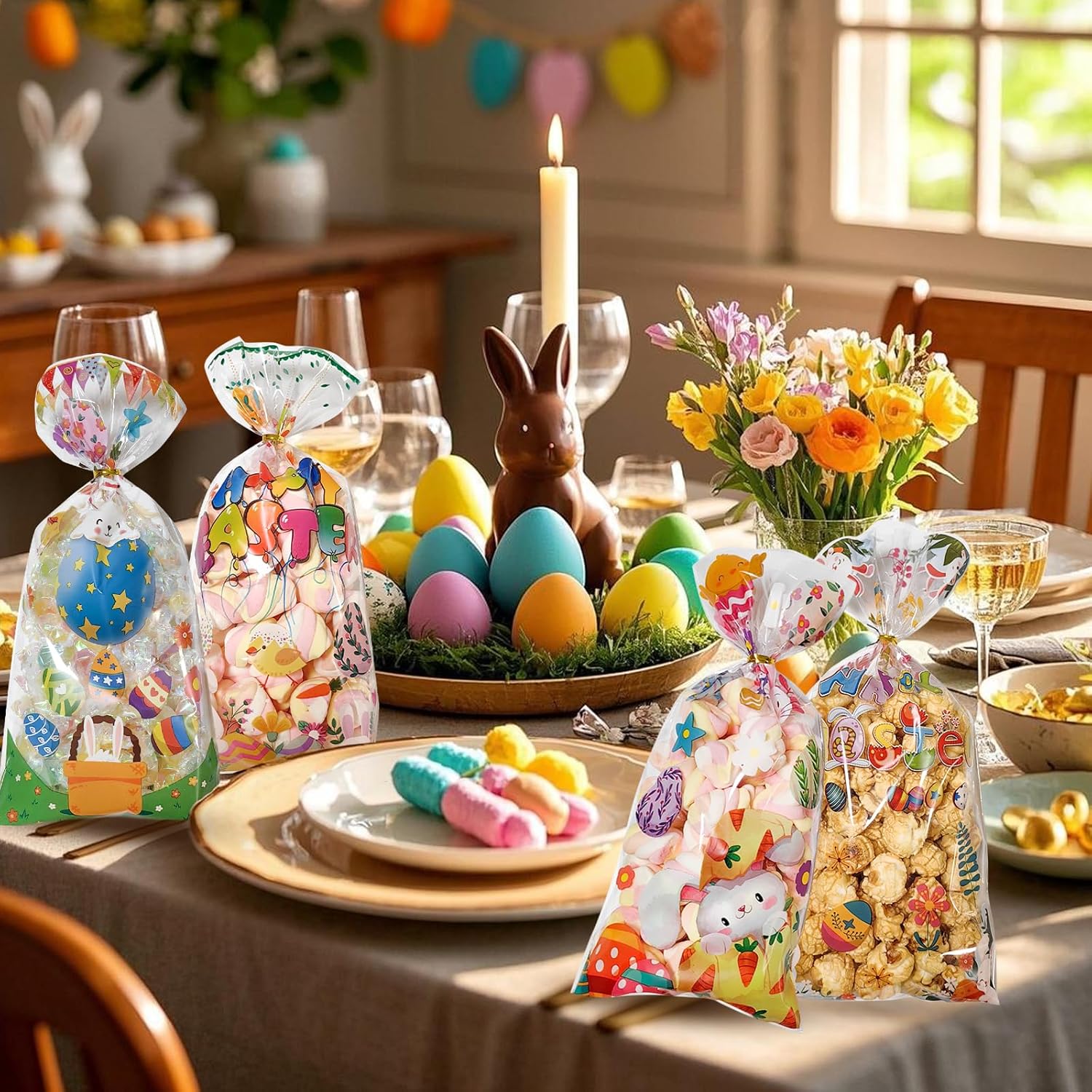 QOIUSO Easter Treat Bags: 50pcs Clear Easter Cellophane Bags for with Twist Ties for Party Supplie Goodies Candy Cookies and Gift Wrappings, 4 Style for Kids - Image 4