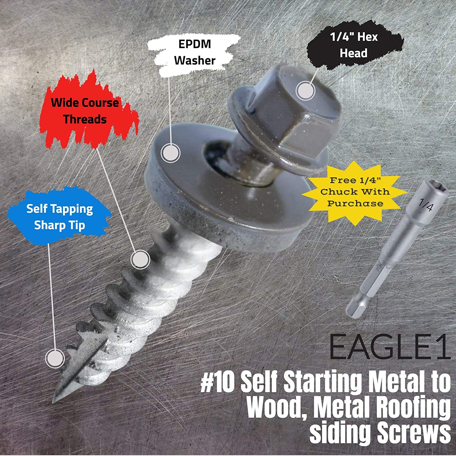 EAGLE 1 Metal Roofing Screws #10 - Painted Hex Head Self-Tapping Screws with EDPM Rubber Washer for Metal to Wood, Vinyl, Small Sheet Metal - Free Magnetic Driver (Burnished Slate, 1 Inch, 250)