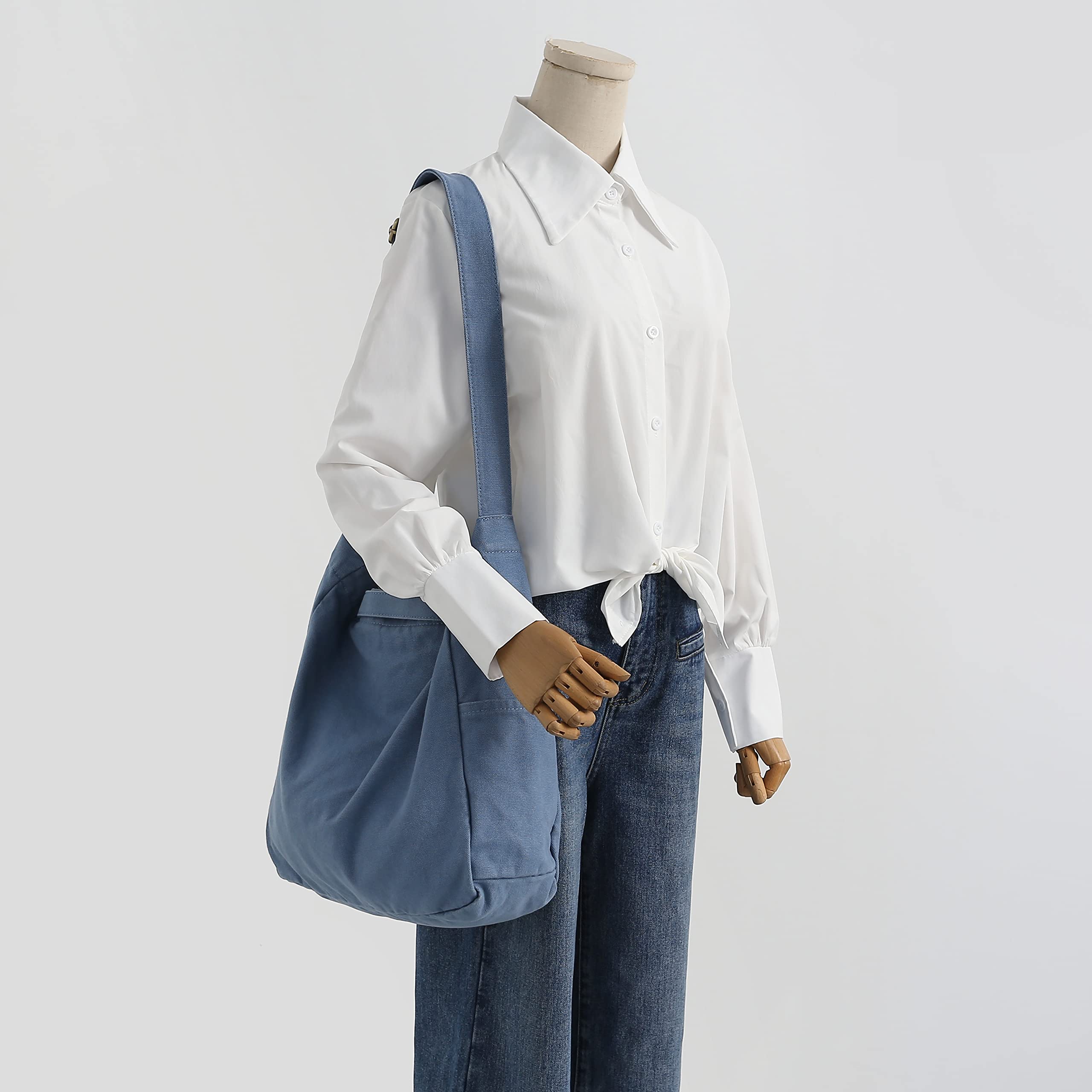 Jeelow 20oz Washed Canvas Tote Shoulder Crossbody Bags Purse Handbag For Men & Women Adjustable Strap (Blue)