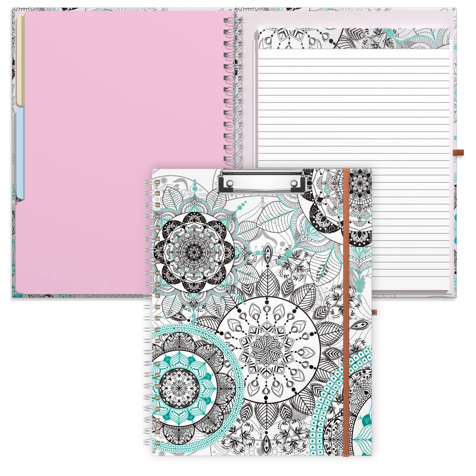 Rimilak Porte-bloc à spirale avec bloc-notes ligné rechargeable, 36,8 x 24,8 cm, porte-bloc à couverture rigide avec 5 poches intérieures, bande élastique et boucle pour stylo. Joli porte-bloc