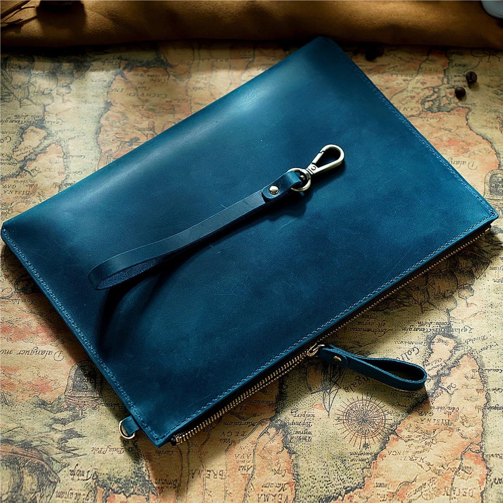 Documents en cuir Pochette de rangement documents vintage en cuir avec fermeture éclair, porte-documents fin for smartphone, voyage, bureau(Brown)