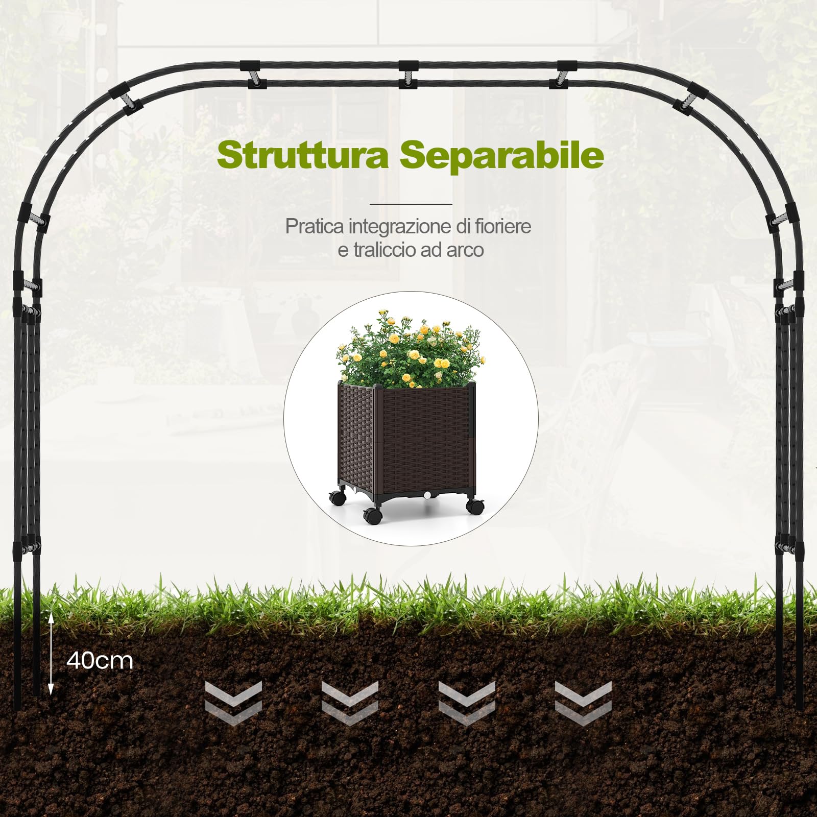 RELAX4LIFE 2M Traliccio ad Arco, Pergola ad Arco in Metallo con Casse di Fiori su Ruote, Tubi in Metallo Rivestiti in PE, Sistema di Auto-irrigazione per Piante Rampicanti, per Cortile, Matrimonio