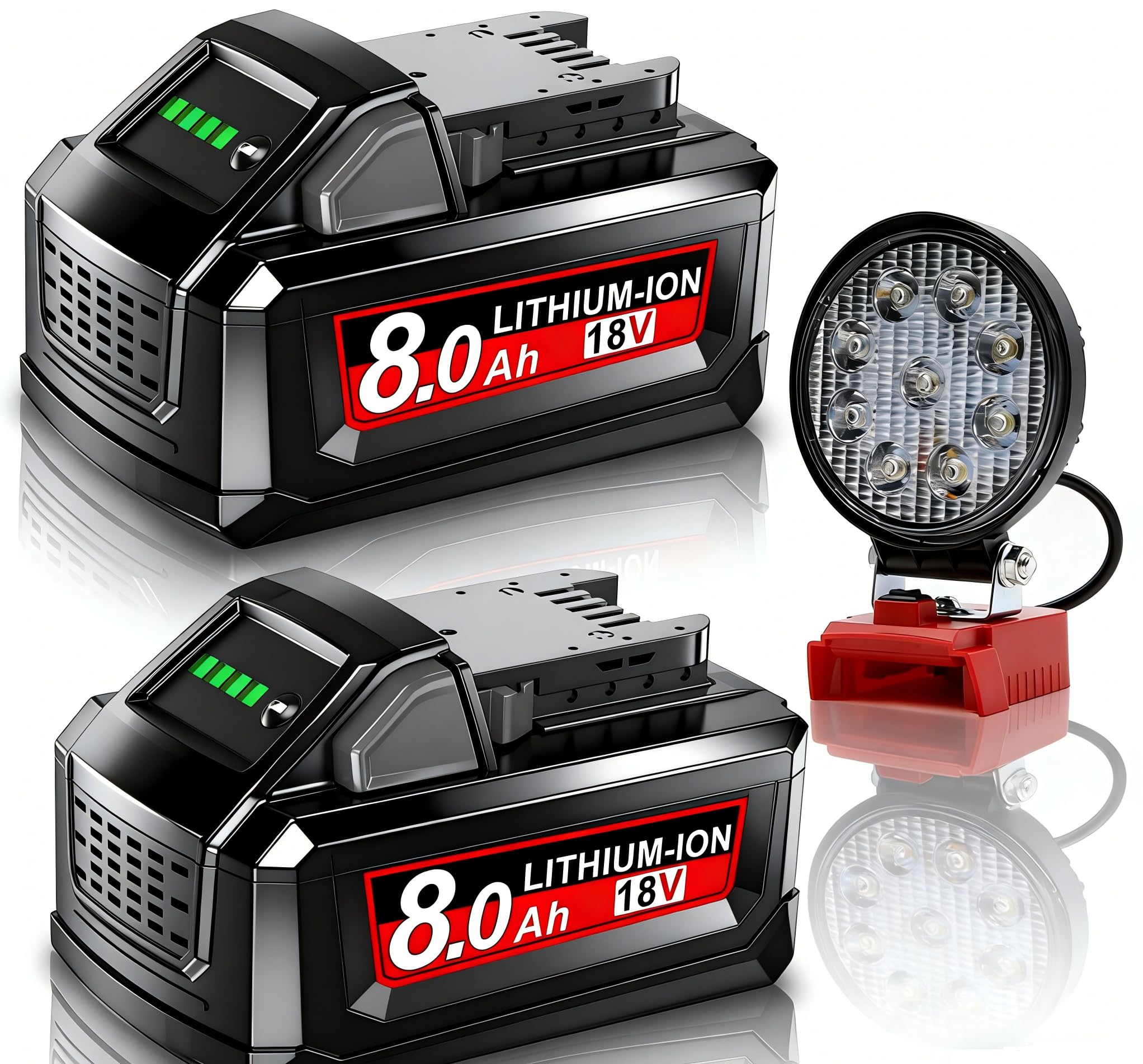 2X 8000mAh M18 Battery + LED Light for Milwaukee, Powtree Replacement for Milwaukee 18V Battery 48-11-1810 48-11-1820 48-11-1850 48-11-1828 48-11-1860 Cordless Power Tool with Indicator
