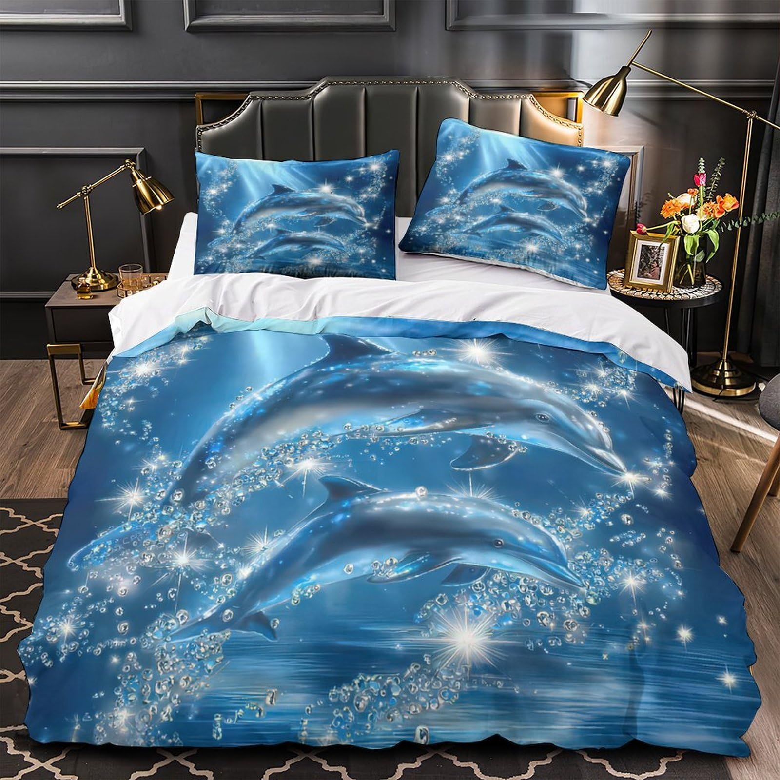 Housse de Couette Dauphin 200x200 Parure de Lit Marine en Microfibre avec Taies