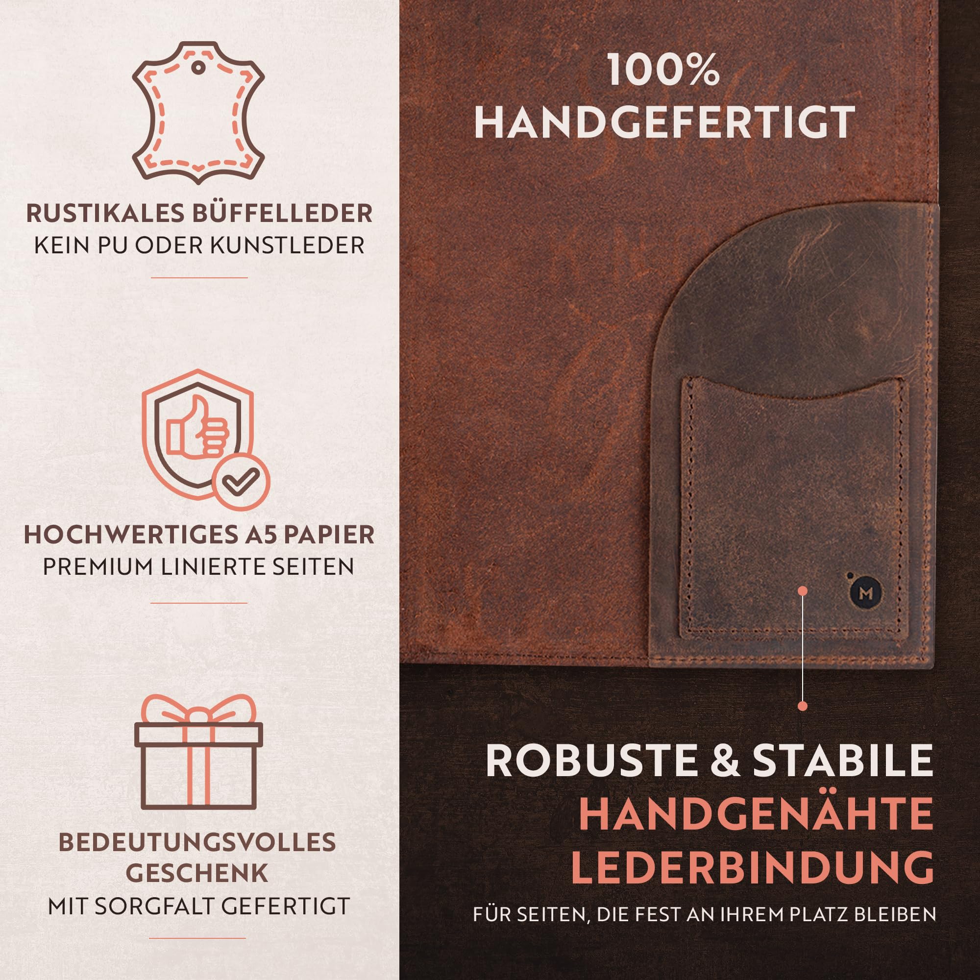 moonster Auffüllbares Liniertes Notizbuch Leder - Heft mit Stift - Tagebuch für Erwachsene mit Herz – Handgemachtes Notizbuch Klein aus Echtleder mit Stifthalter, hochwertigem A5-Papier & Luxus-Stift