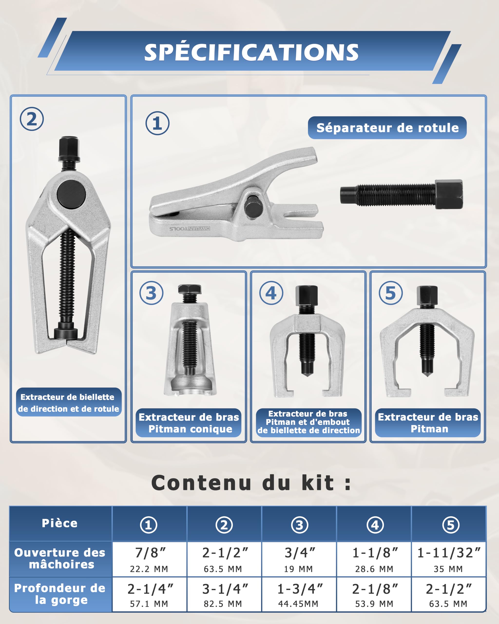 DAYUAN 5 pièces kit arrache rotule pour Triangle de Suspension Extracteur de rotule Universel