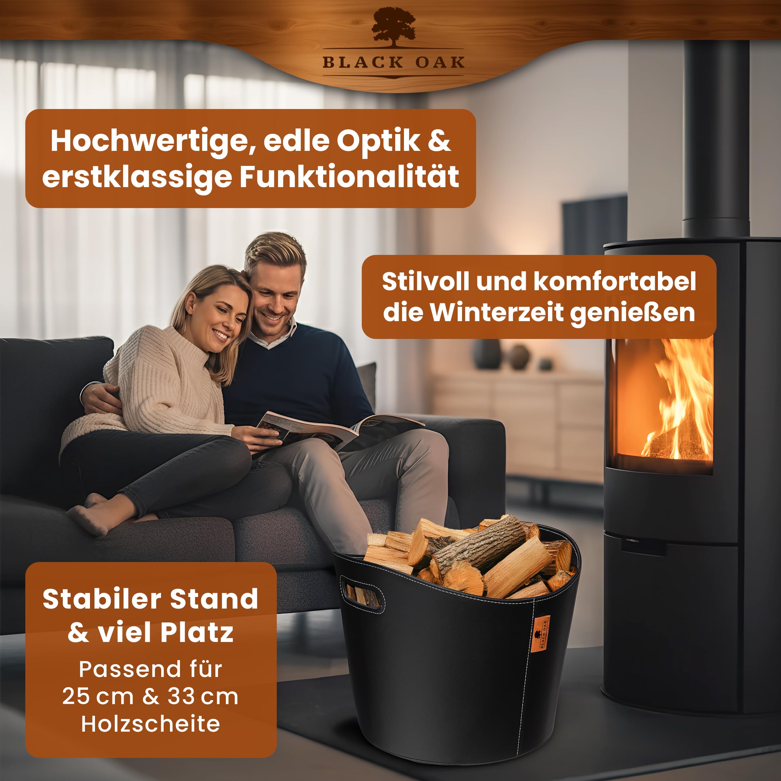 BLACK OAK DAKOTA L 40L Holzkorb für Kaminholz - Kunstleder schwarz 30kg Traglast - 40 Liter 40x38x32cm - Kaminholzkorb Holzkorb Brennholzkorb Tasche Korb für Holz Transport & Aufbewahrung schwarz