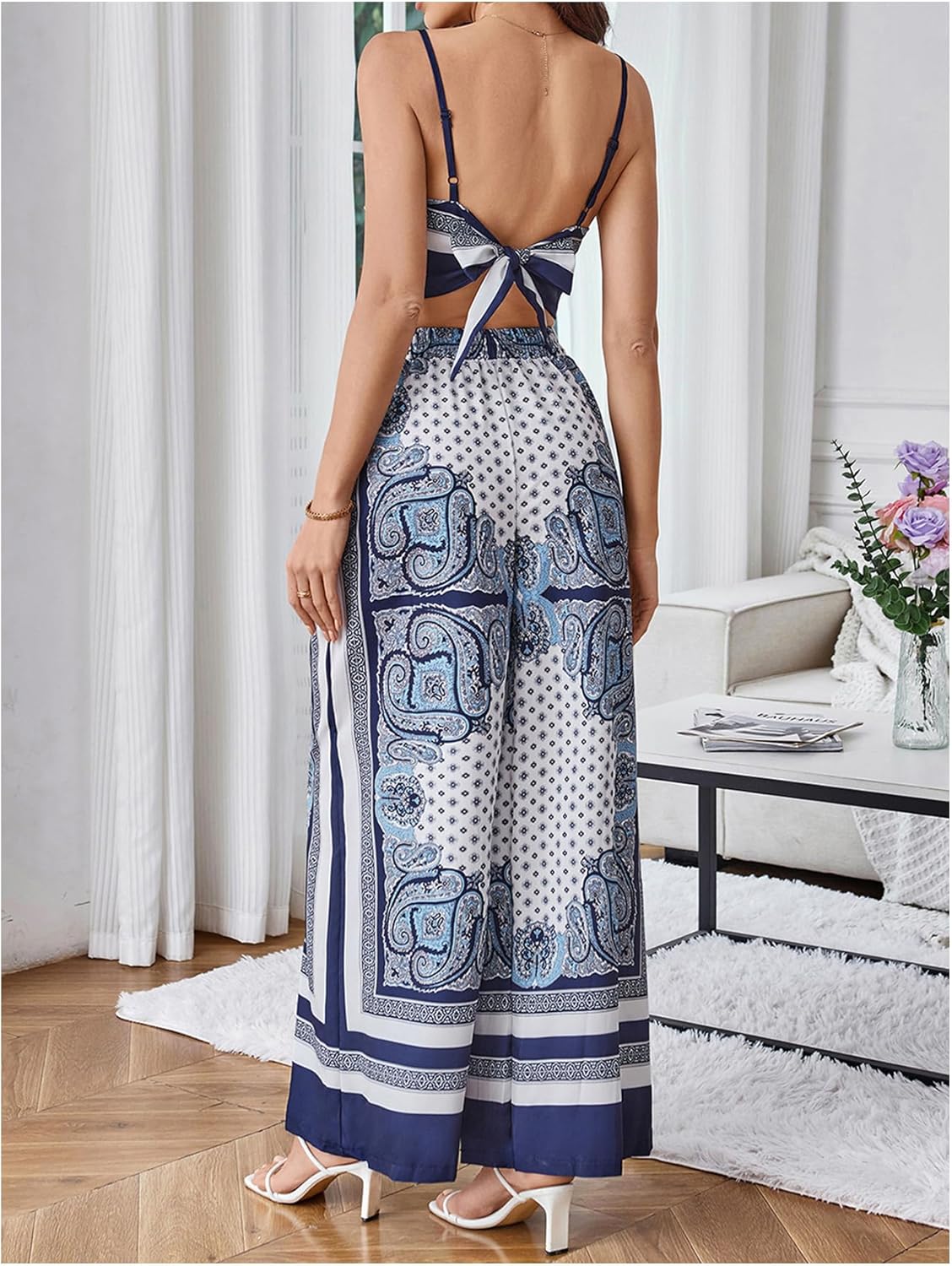MakeMeChic Women's 2 Piece Boho Outfit Paisley Print Tie Backless Crop Tops and Wide Leg Pants Matching Set - Image 2