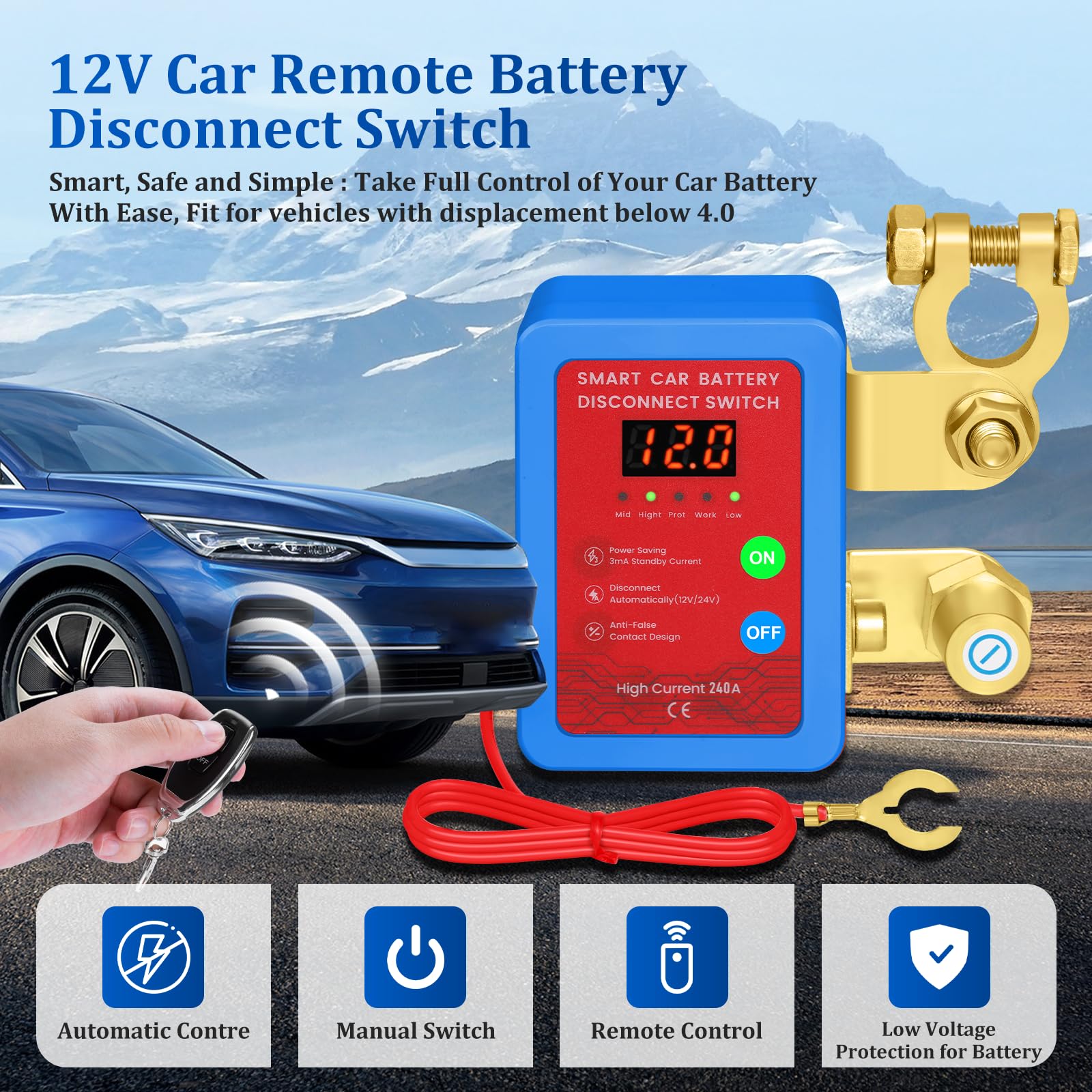 Drahtloser Auto Batterietrennschalter 12V mit Fernbedienung, 240A Drahtloser Fernbatterie-Trennschalter für Autos, Batterie Trennschalter mit Fernbedienung für RV, ATV, LKW, Yacht, Boot (Blue Red) | 12 V 240 A Fernbedienung, automatischer Ausschalter mit