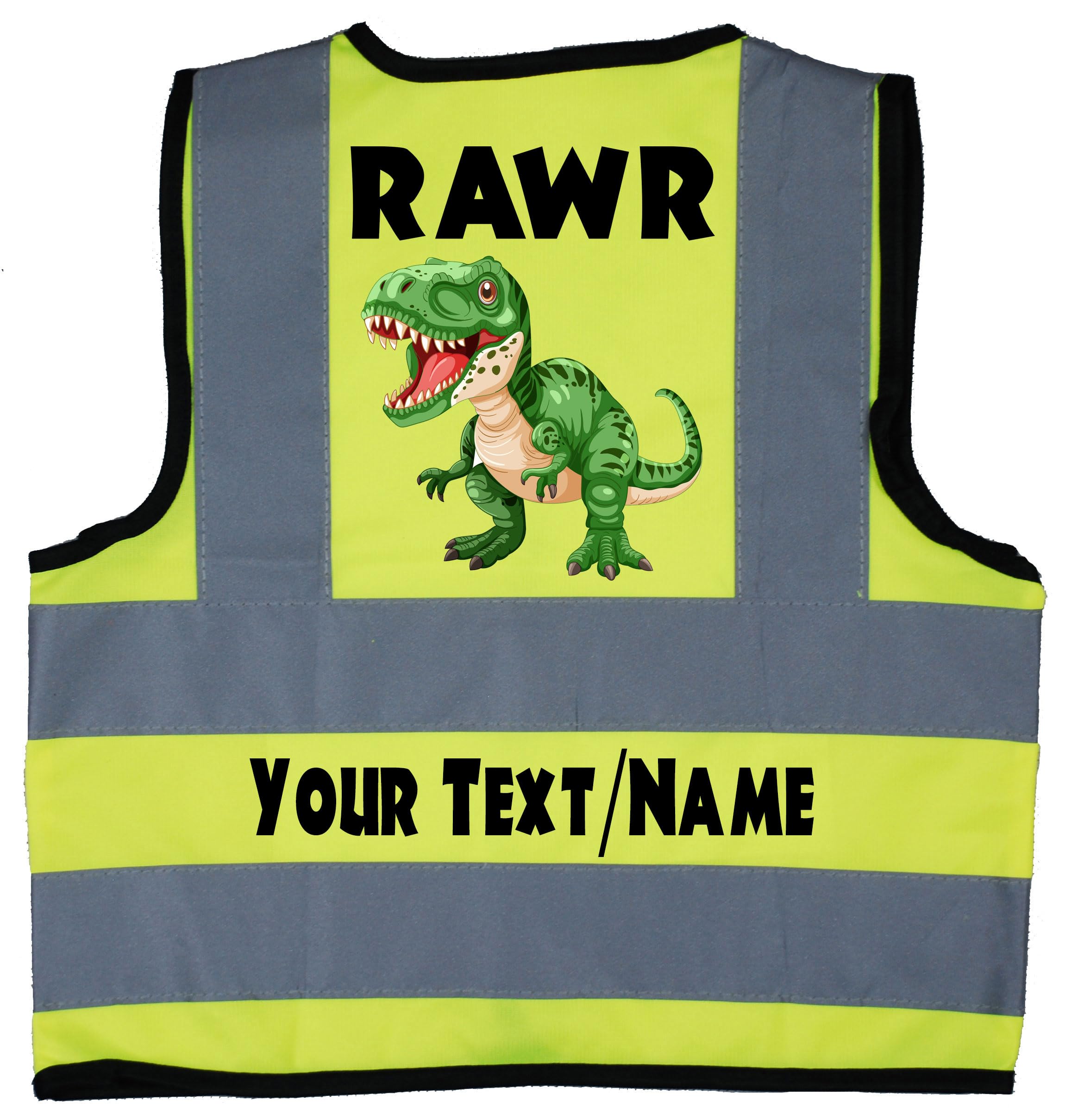 Acce Products RAWR Personalised Dinosaur Baby, Toddler, Children, Kids Hi Vis Safety Jacket Vest Size 2-3 Years Yellow Optional Text On Front