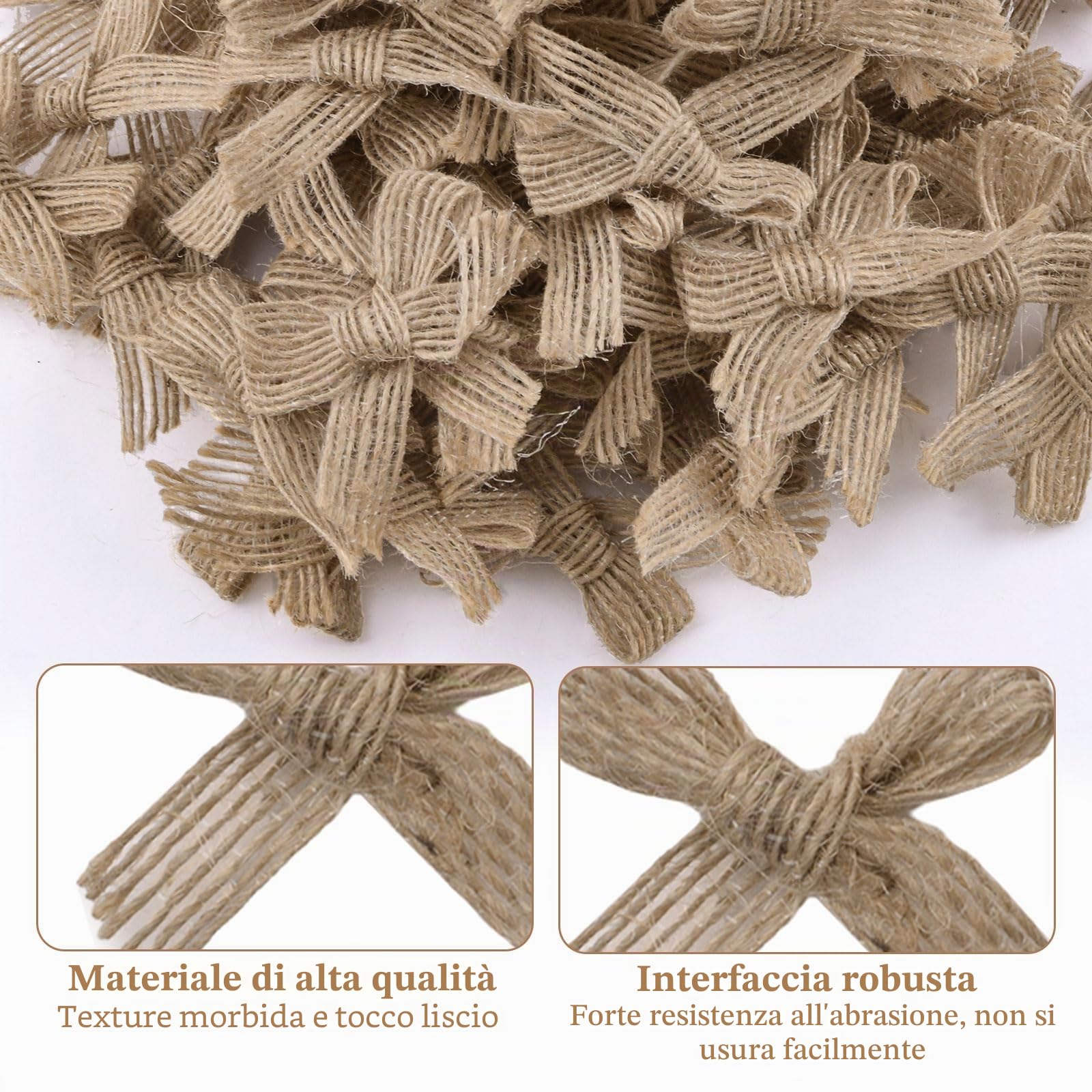 WANDIC Fiocchi Decorativi in Iuta, 100 Pezzi, in Lino Naturale, Pre-confezionati, Mini Fiocchi per bomboniere, Decorazioni, Confezioni Regalo, Fai da Te