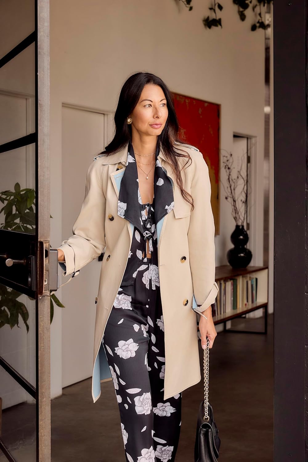 Luxury Satin Loungewear Pajama Top with Lapel Collar & Tie Front Closure in Black & White Gardenia Flower Print - Image 3