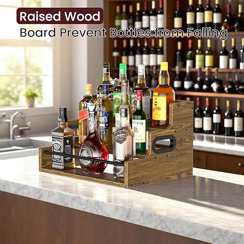 Miniatura 6 de Estante de exhibición de botellas de licor de 3 niveles, organizador de jarabe de café de madera, estante de especias retro para encimera, estantes