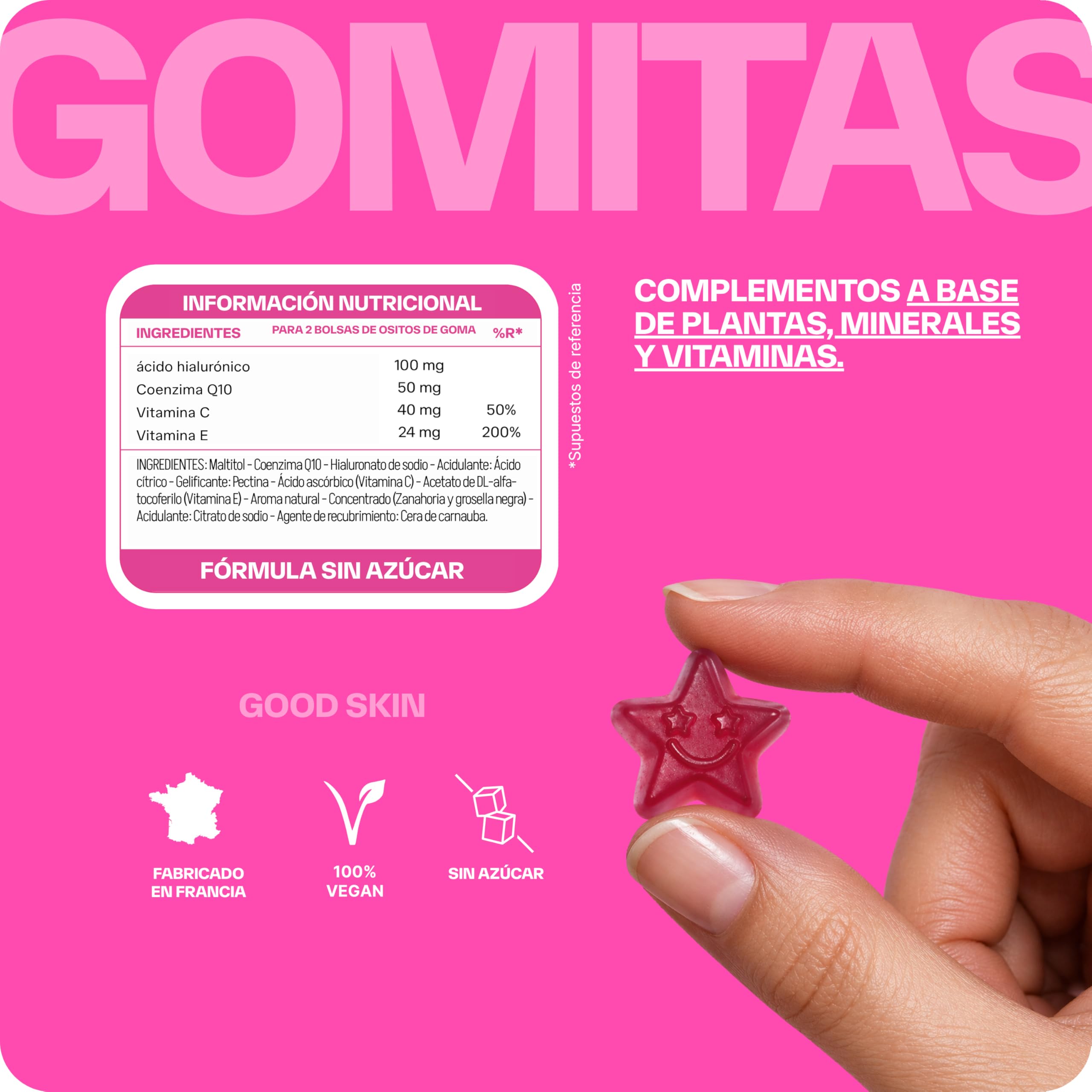 Lashilé Beauty - Complementos Alimenticios - Antiedad global, firmeza y luminosidad de la piel - Good Skin Vitamines - Ácido hialurónico, Q10, Vitaminas C y E - Fabricado en Francia - 120 Gummies