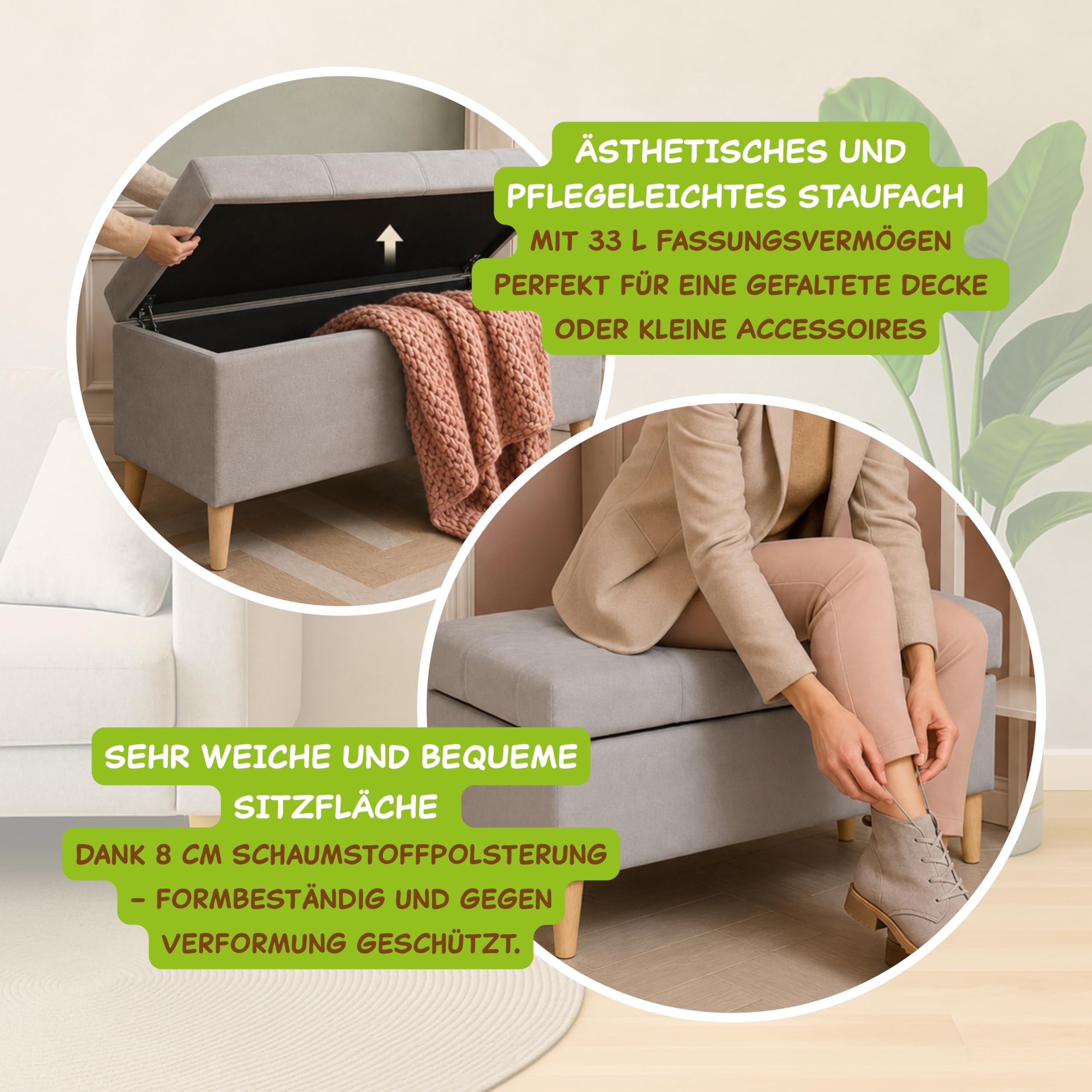 Outentin Gepolsterter Velvet Puff – Hocker & Sitzwürfel mit Stauraum, klappbarer Fusshocker und Fußablage für Wohnzimmer & Flur – Stabiler Sitzhocker mit Buchenfüßen, 70 × 42 × 37 cm, Grau Ottoman