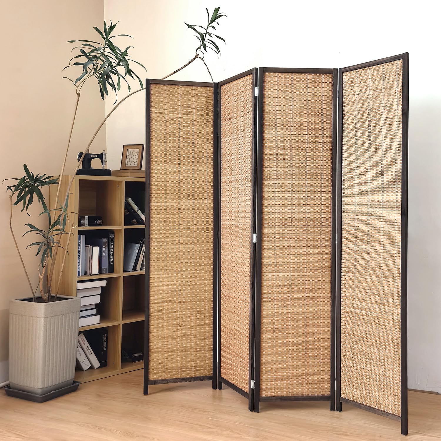 4 Panel Room Divider Screen,5.6 FT Tall Bamboo Panel Divider Folding Privacy Screen,Freestanding Room Divider for Room Seperation,Brown