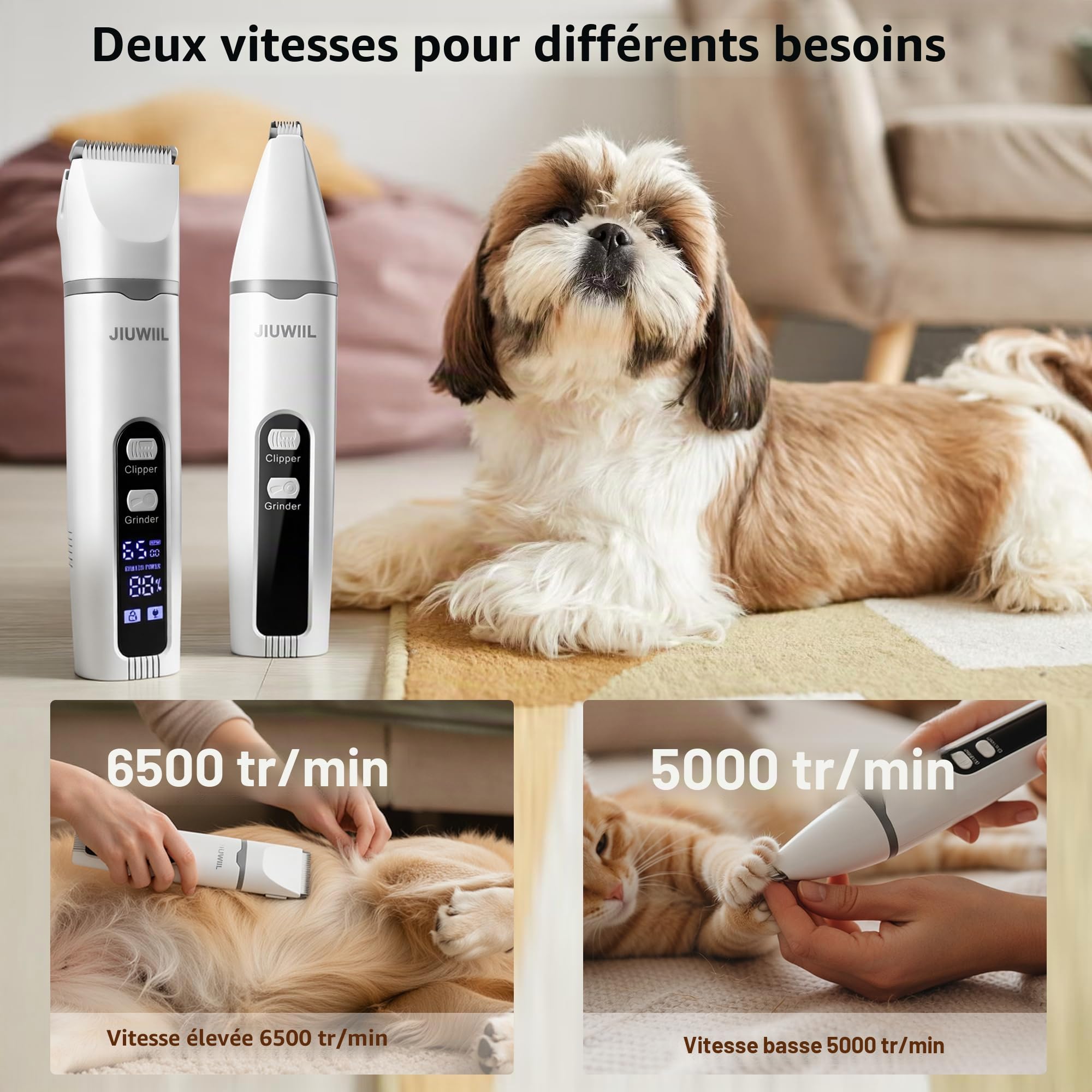 Tondeuse pour chien, kit de toilettage 4 en 1 JIUWIIL avec écran LCD, tondeuse pour chien, tondeuse pour griffes, rasoir pour animaux de compagnie (chats, chiens)