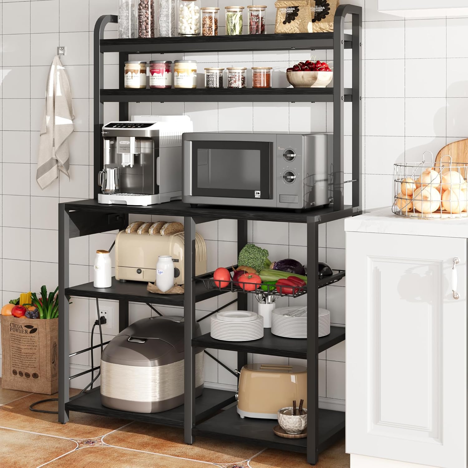 Black Industrial Bakers Rack with Power Outlet and Wire Drawer