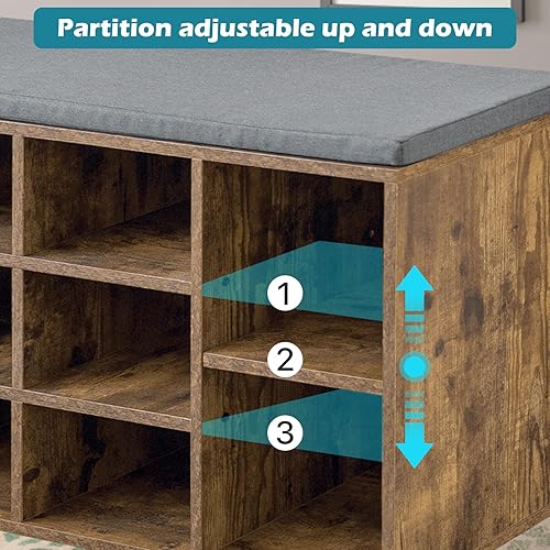 Miniatura 4 de YRLLENSDAN Banco de almacenamiento de 10 compartimientos, zapatero de 3 niveles, estante ajustable, cojín extraíble, negro, madera de ingeniería