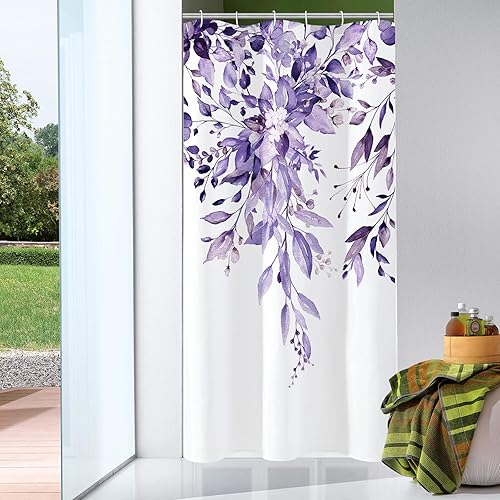 Gibelle Cortina de ducha pequeña de 36 x 72 pulgadas, cortina de ducha estrecha con flores moradas para baño, juego de cortina de ducha de tela de