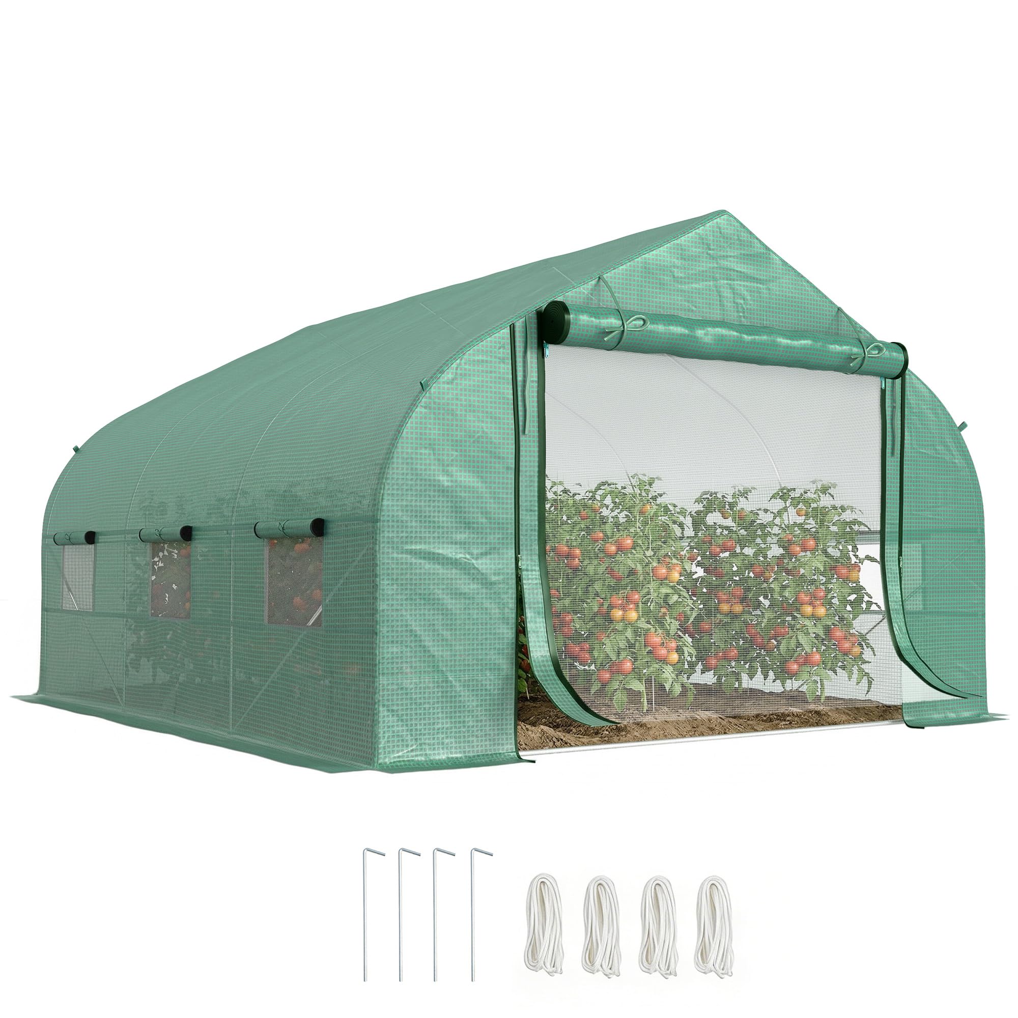 Outsunny Walk-In Polytunnel Greenhouse Warm House Garden Tunnel Shelter Plant Shed with Door and Windows, Galvanised Steel Frame, 3.5 x 3 x 2m, Green