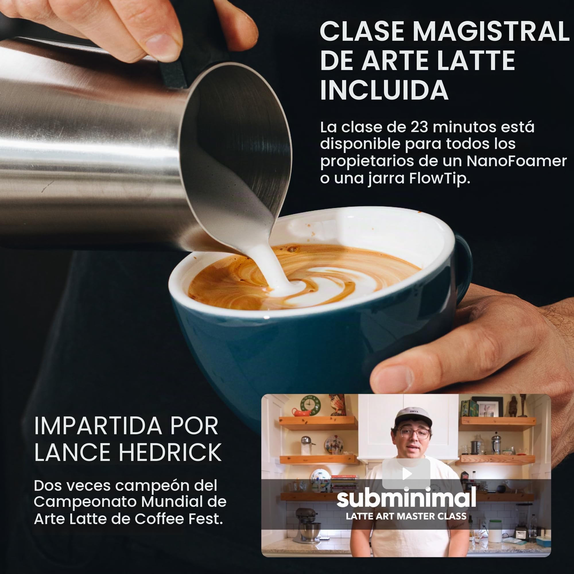 Subminimal FlowTip - Jarra sin manos para espumar leche para estufa, jarra de espuma para café estilo barista, jarra para verter capuchino y café con leche con mango resistente al calor, regalos para