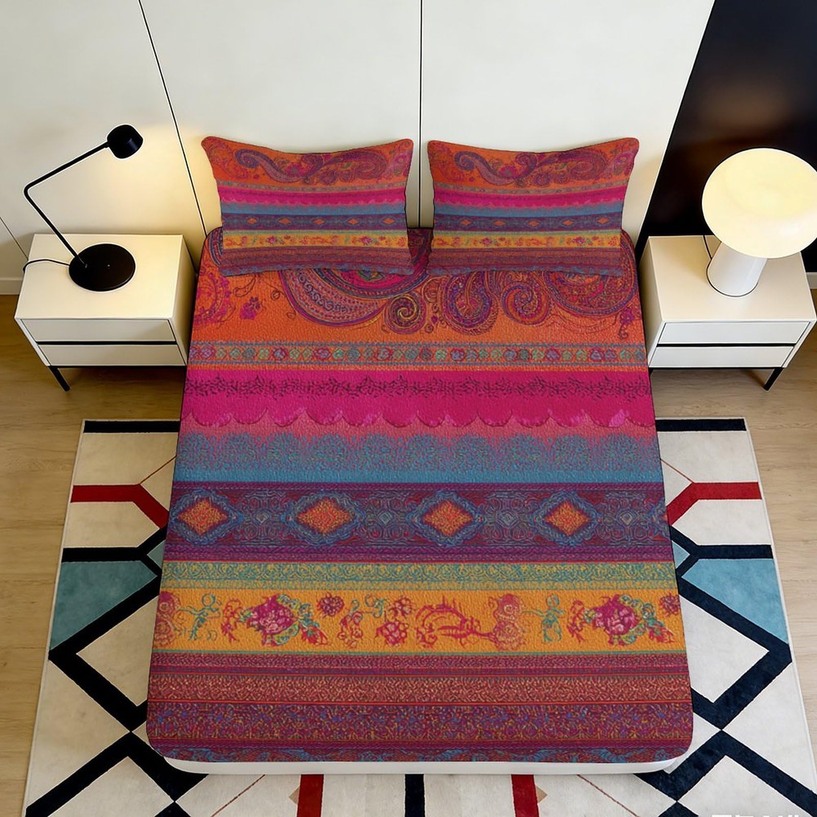 Dhbaneiok Style-1 3D Printed Ethnic Tribal Stripe Fitted Sheet Microfiber Soft Breathable Boho Floral Bed Cover For Bedroom Dorm Decor Protection 90X200x25cm