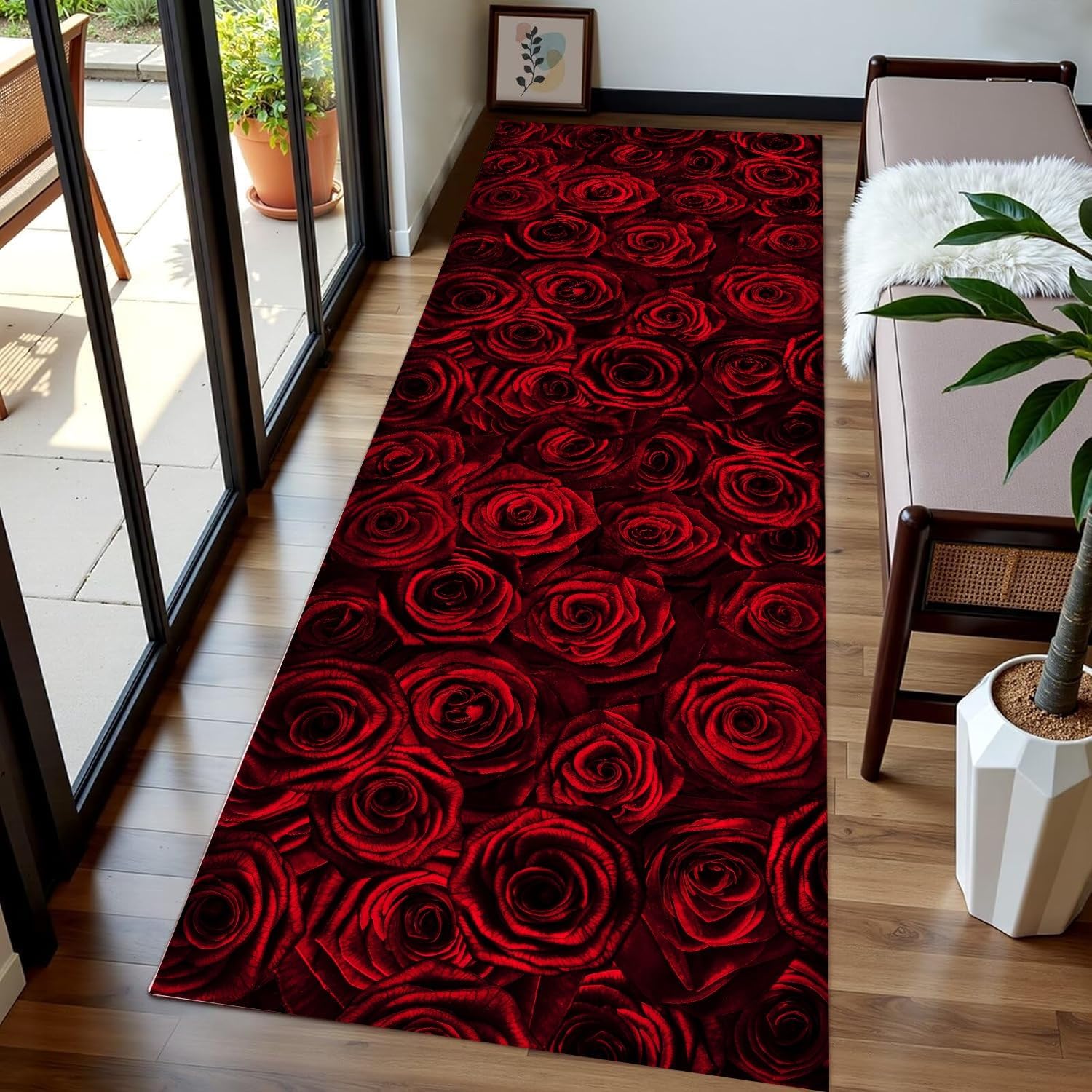 Flower Runner Rug，2x6ft,3D Red Rose Printed Runner Rugs for Hallway ，Indoor Non Slip Red Floral Rugs，Romantic Valentine's Day Carpet， for Entryway Kitchen Washable Rug