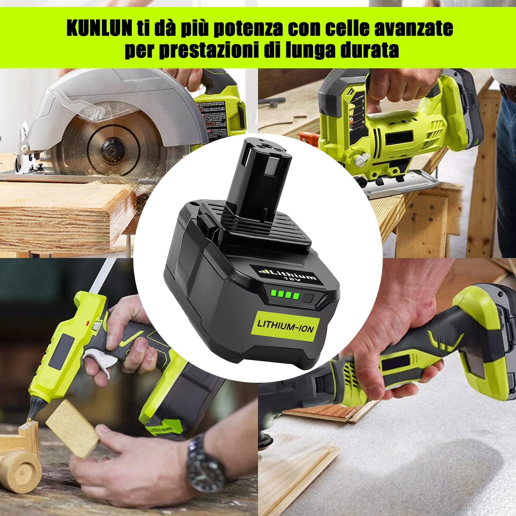 KUNLUN 2 Pezzi 18V 5.5Ah P108 Batteria di Ricambio Agli Ioni di Litio per Ryobi ONE+18V RB18L50 RB18L40 RB18L25 BPL-1815 BPL-1820G BPL18151 BPL1820 P104 P105 P107 P108, con Indicatore LED
