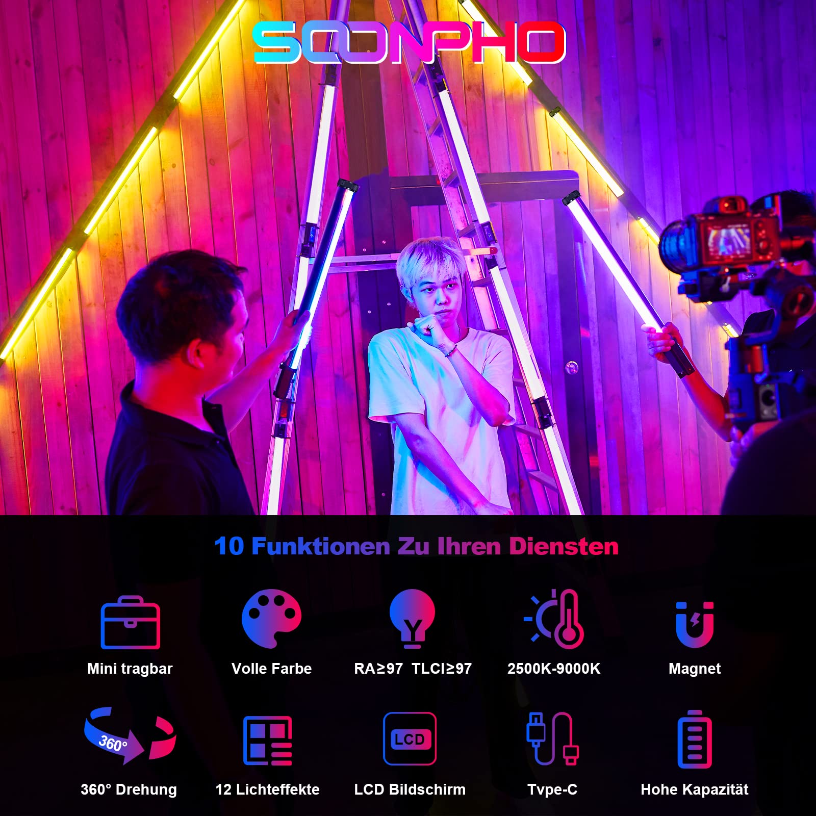 Soonpho 2-Pack RGB Handheld Video Light Twin Lights LED Stick,Fotografia Full Colour Light,Stick Light con Batteria 4000mAh,CRI 97 ,2500K-8500K,Luminosità Regolabile 21 Rffetti per TikTok,YouTube Soonpho 2-Pack RGB Handheld Video Light Twin Lights LED Stick,Fotografia Full Colour Light,Stick Light con Batteria 4000mAh,CRI 97 ,2500K-8500K,Luminosità Regolabile 21 Rffetti per TikTok,YouTube