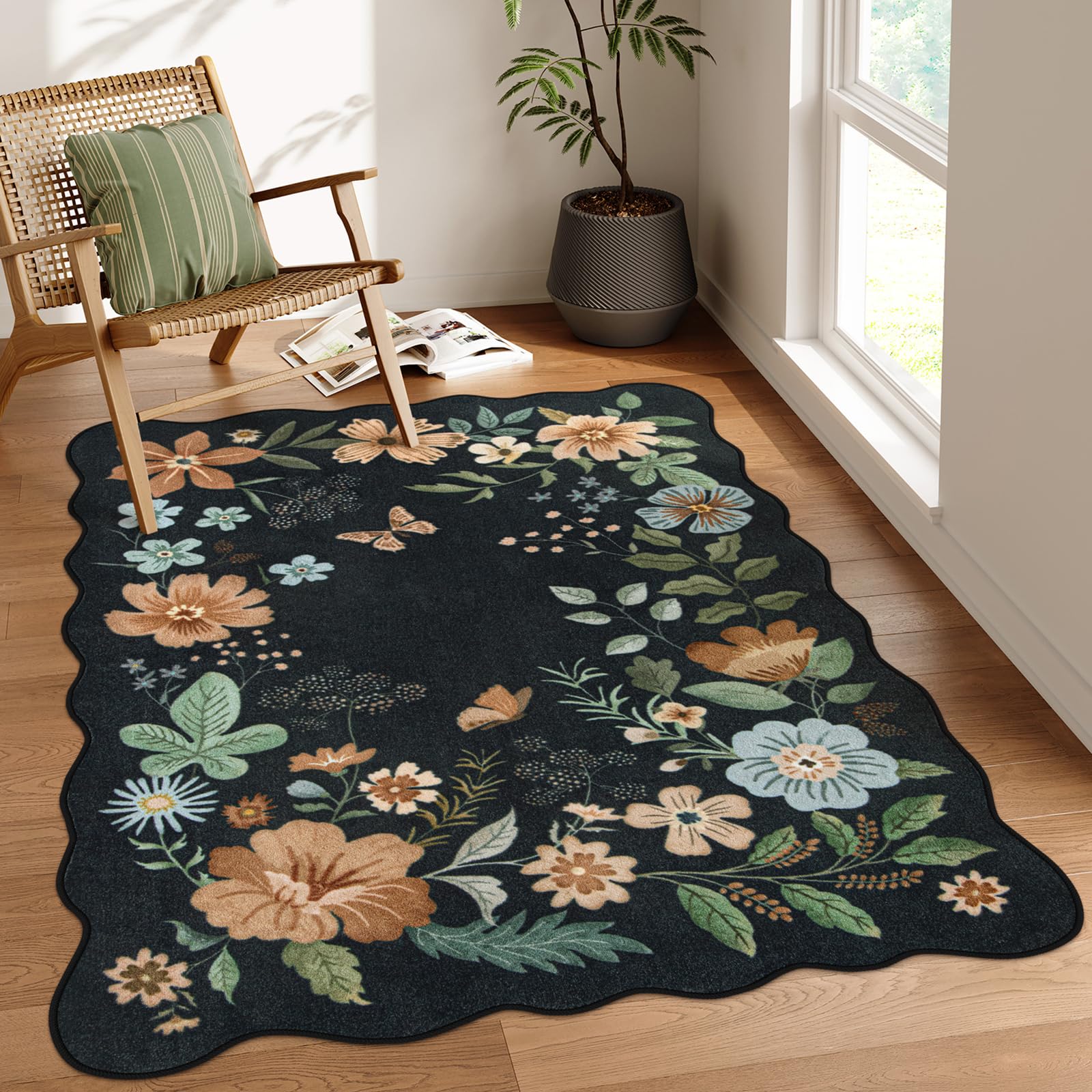 Lahome Floral Washable Rugs for Bedroom, 4X6 Living Room Rug Ultra-Thin, Non-Slip Soft Stain Resistant Boho Throw Carpet for ‎Office Entryway Dining