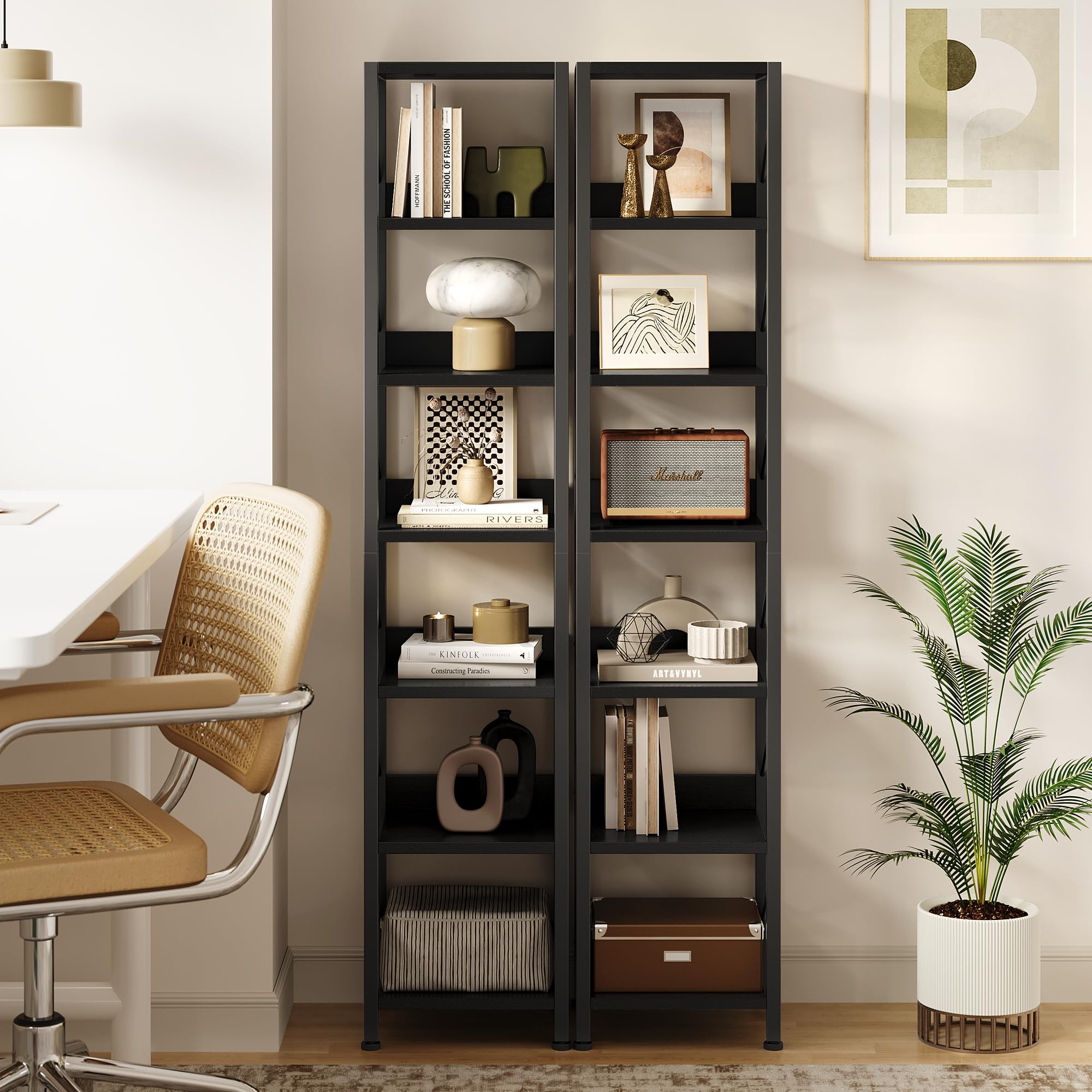Schmales hohes Bücherregal, 6 Ebenen Standregal im Industrial-Design – Metallrahmen – verstellbare Füße – Anti-Kipp-Set – platzsparend für Wohnzimmer/Schlafzimmer/Home Office, Schwarz