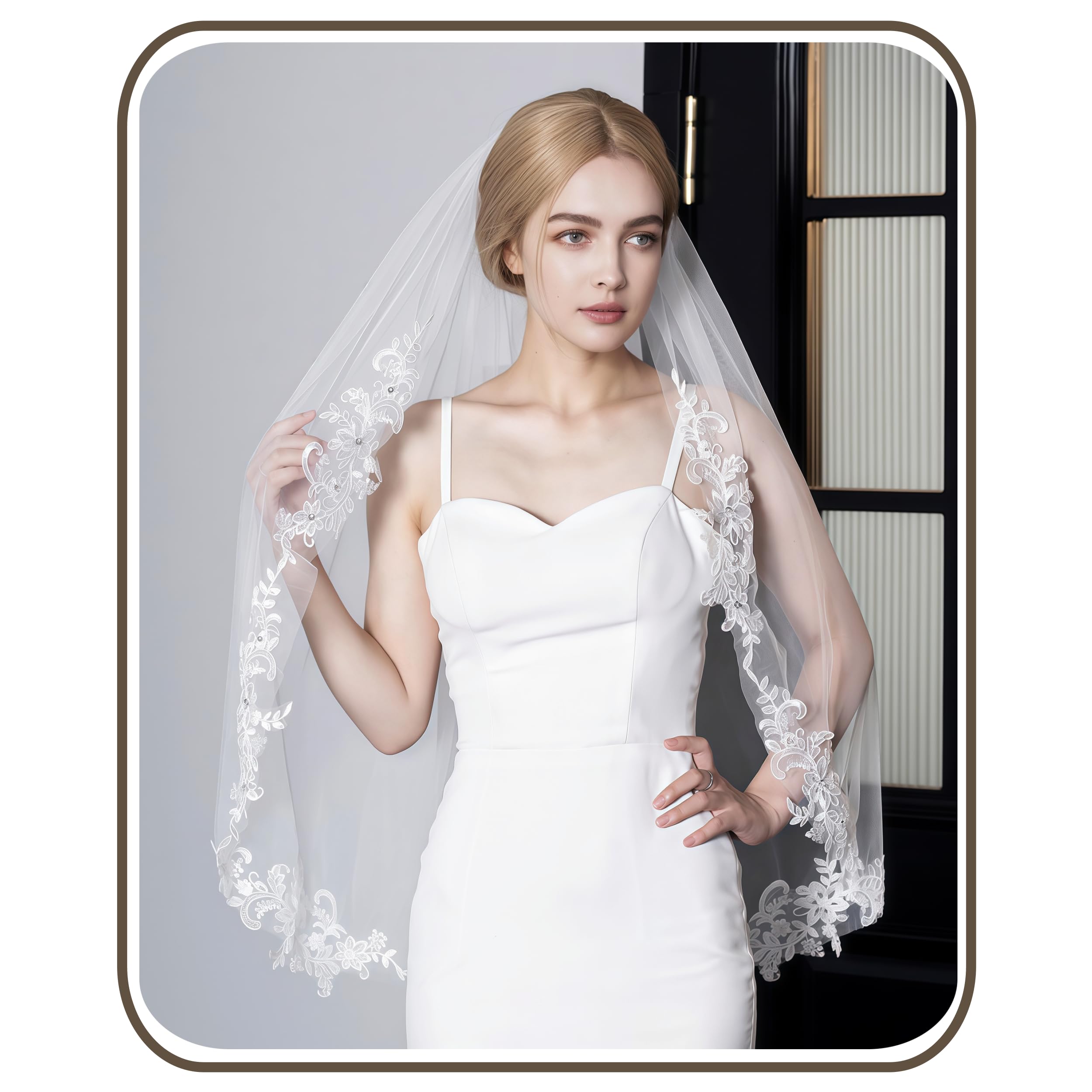 1 Tier Fingertip Length Wedding Veil Soft Tulle Lace Metal Comb