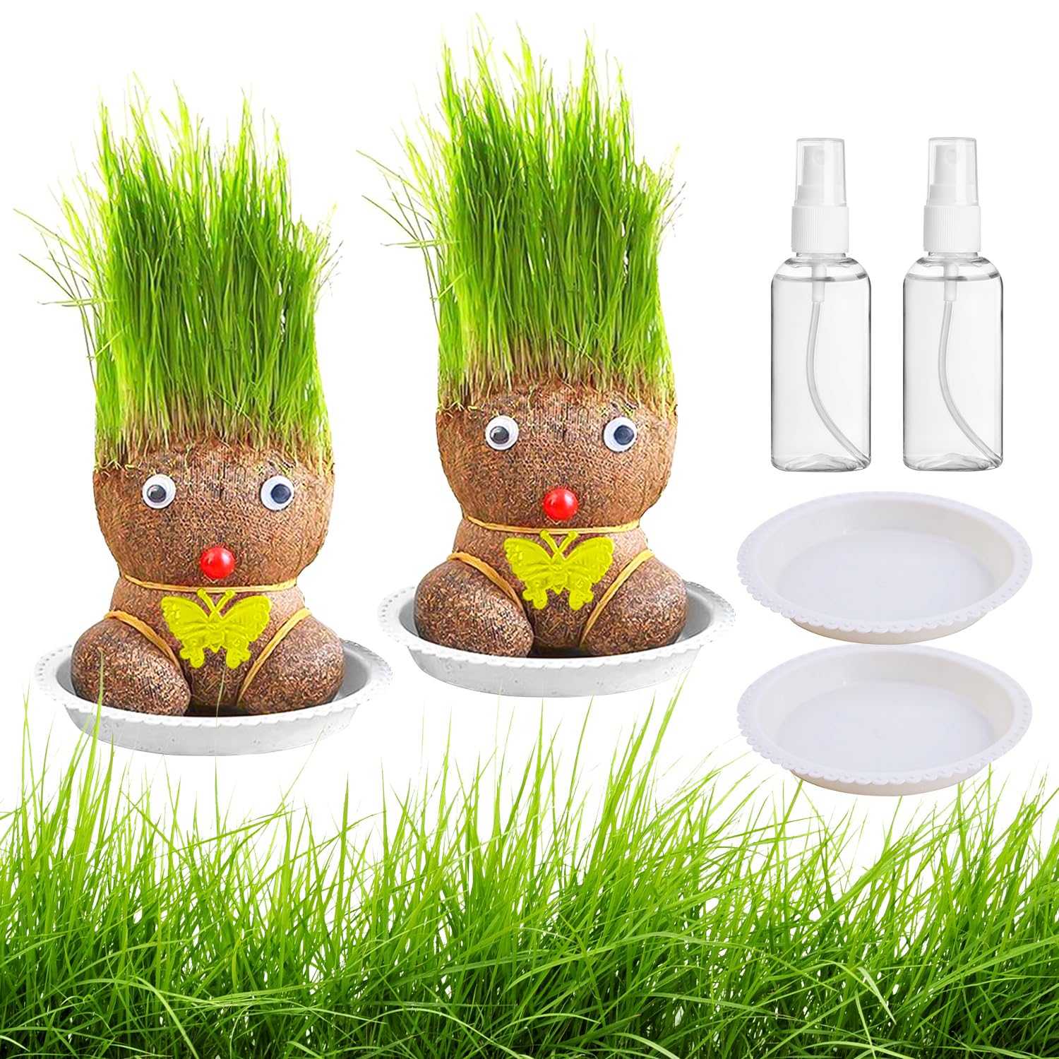 Planta Cabeza De Hierba Con Bandeja – Muñeca De Hierba Que Crece Como Pelo, Decoración De Escritorio Educativa Para Niños Y Adultos