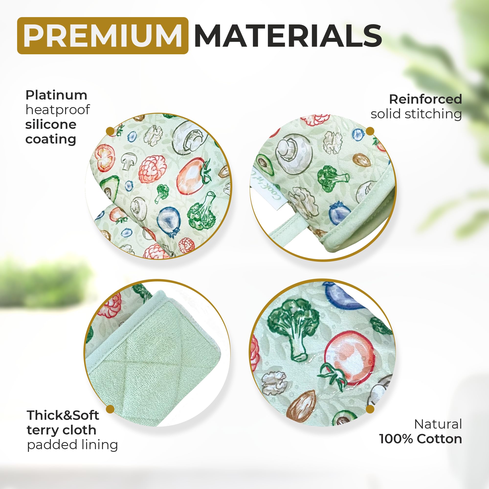Cook'n'Chic - Guantes de horno resistentes al calor, elegantes y hermosos, agarre de silicona platino antideslizante, largos y gruesos, exterior 100% algodón natural y forro de tela de rizo suave,