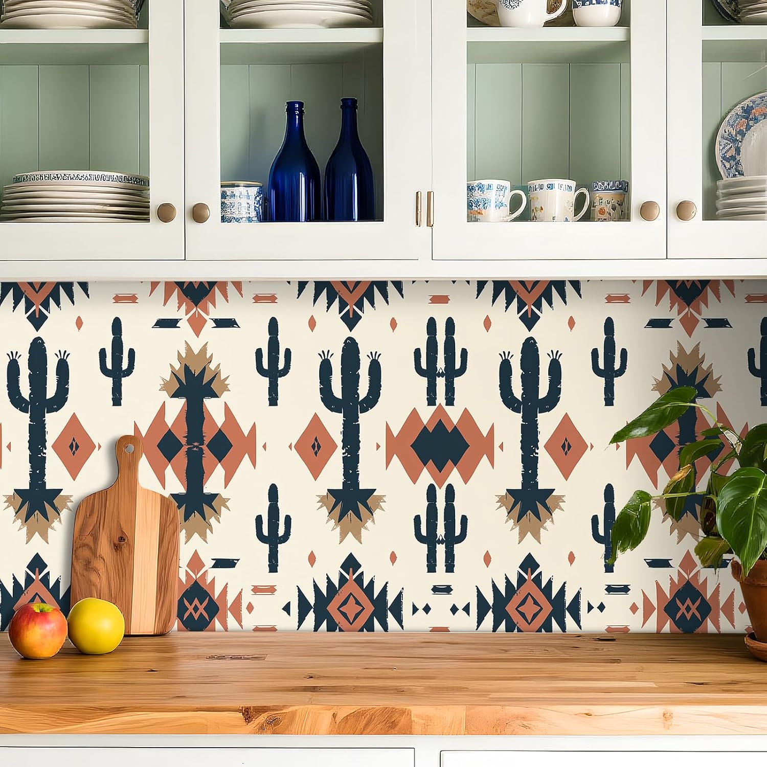 Livelynine 17.5x276 Vintage Western Peel and Stick Wallpaper Boho Chic Aztec Cactus South Indian Traditional Wallpaper for Bathroom Living Room Wall Cover Renter Friendly Contact Paper Self Adhesive