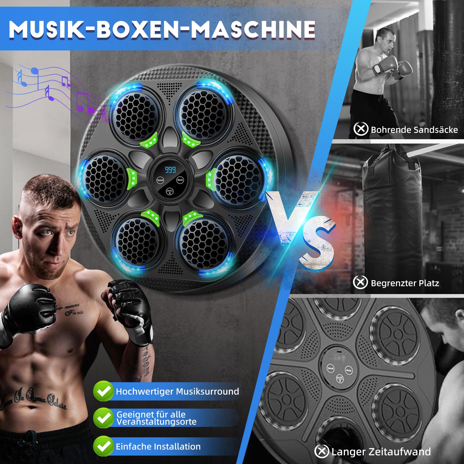 Music Boxing Machine - Upgraded Smart Bluetooth Wall-Mounted Music Punch Boxing Set mit Boxhandschuhen, 15 Geschwindigkeitsmodi und Zählmodus für Erwachsene Box