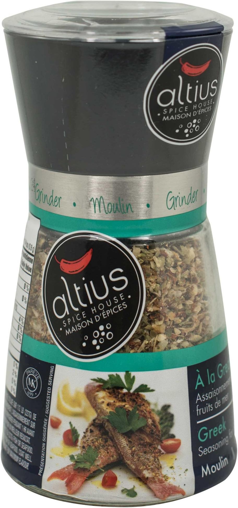 Altius Greek Seasoning for Fish & Seafood, Re-Fillable Grinder With Herbs & Spices for Seasoning Meat & Seafood, 3.35 Oz