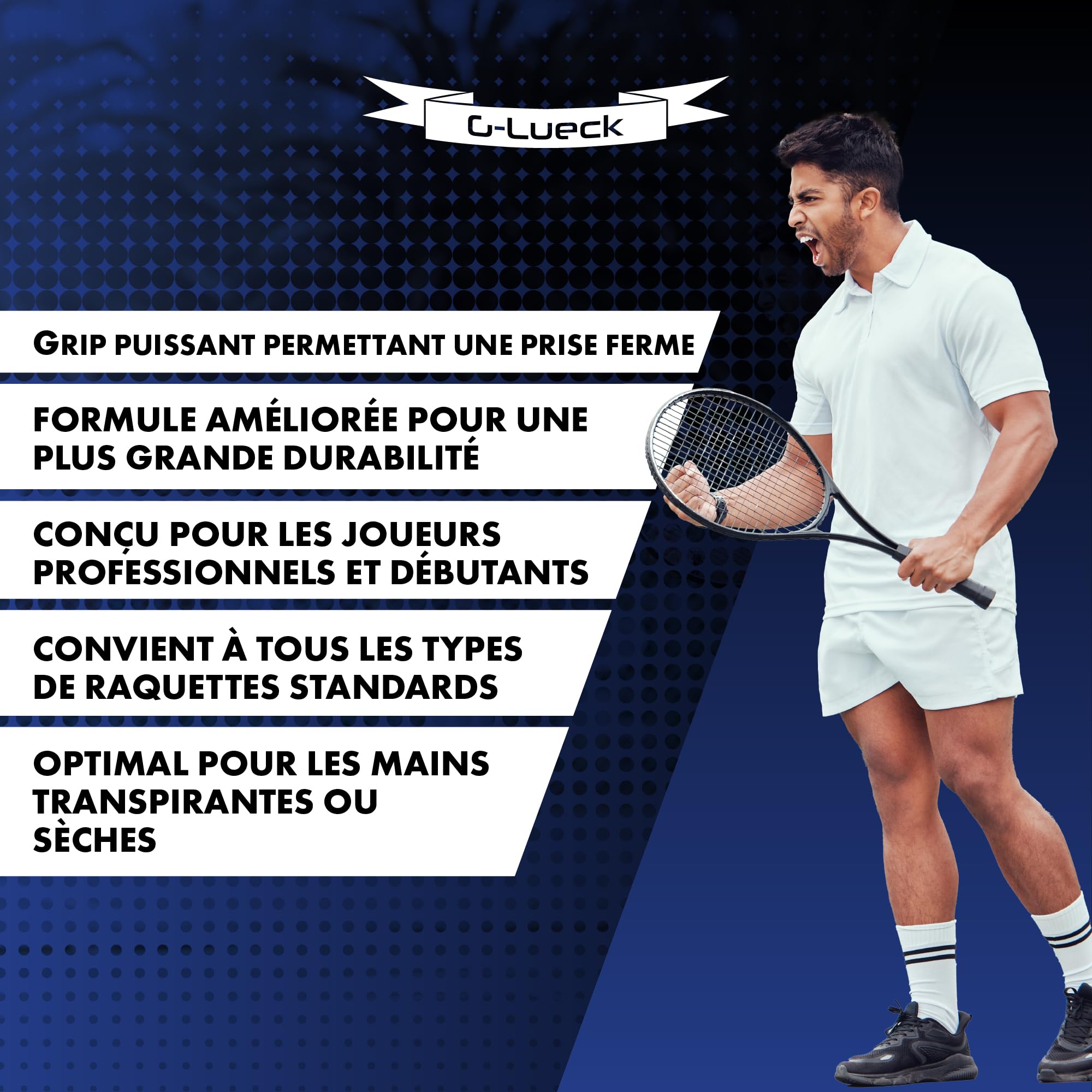 G-Lueck Lot de 3 surgrip Tennis Power Touch Overgrip (très adhérent et Durable) - 0,60 mm d'épaisseur - pour Padel, Badminton, Squash - avec Bande de Finition autocollante - Antidérapantes