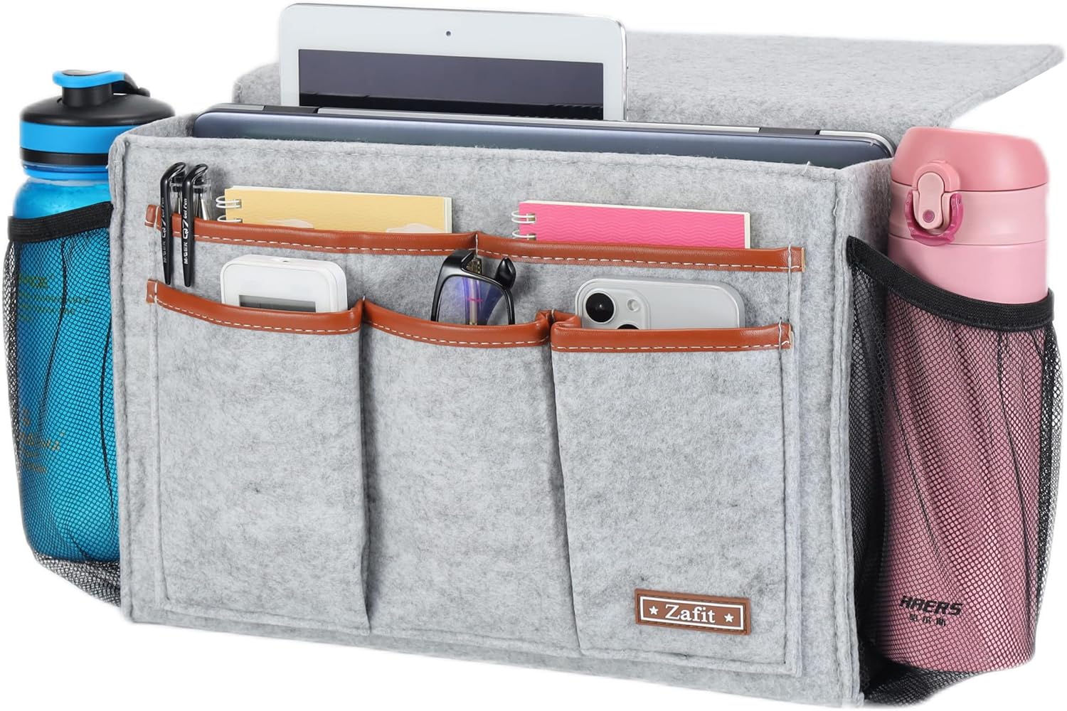 Zafit Bedside Caddy, Large Size Storage Organizer with 8 Pockets - Holds Magazines, Remotes, Phone (13.4'' x 18.1'', Dark Grey)