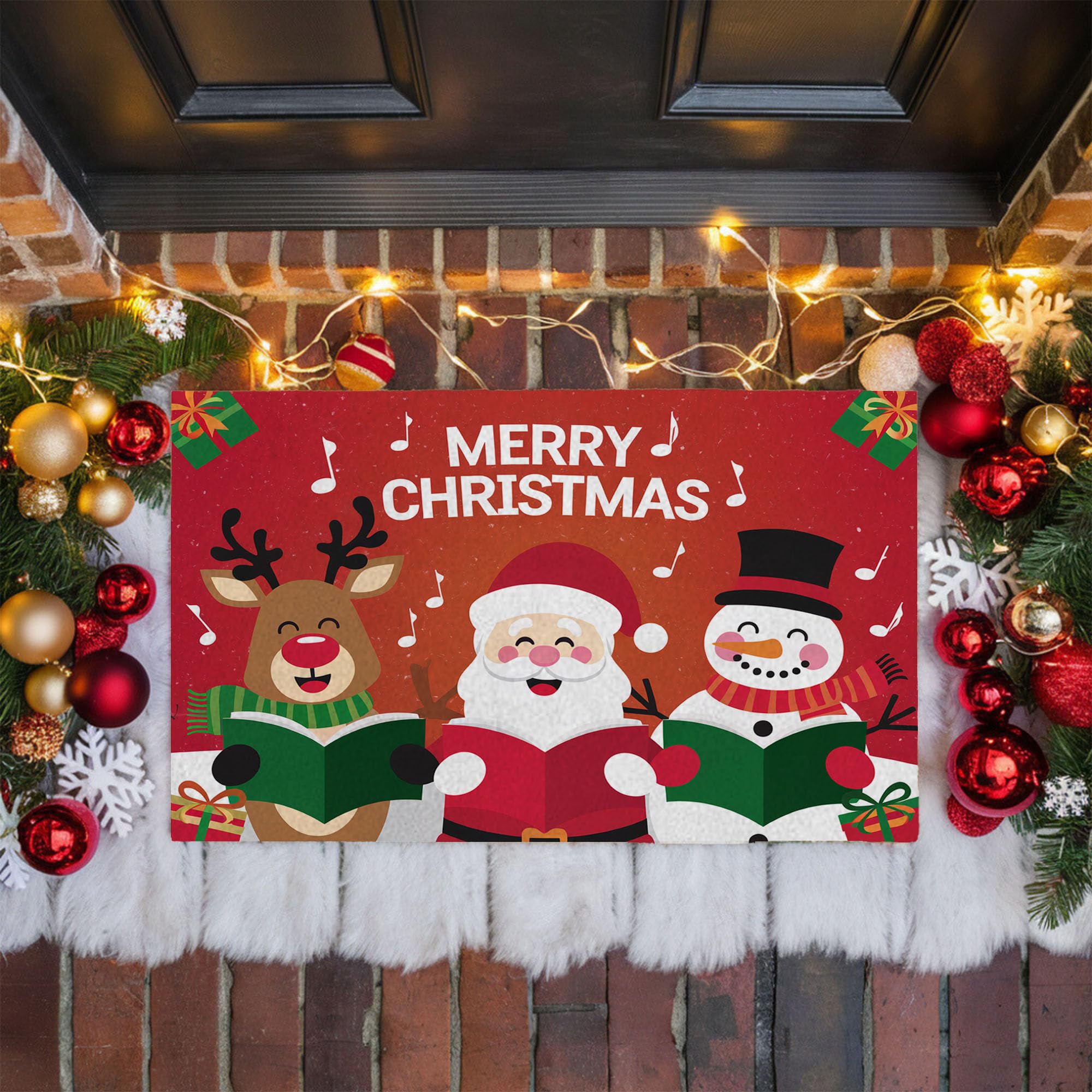 ANOVRA Merry Christmas Caroling Doormat, Festive Holiday Welcome Mat Featuring Santa, Snowman & Reindeer Singing, Indoor Outdoor Winter Decor for