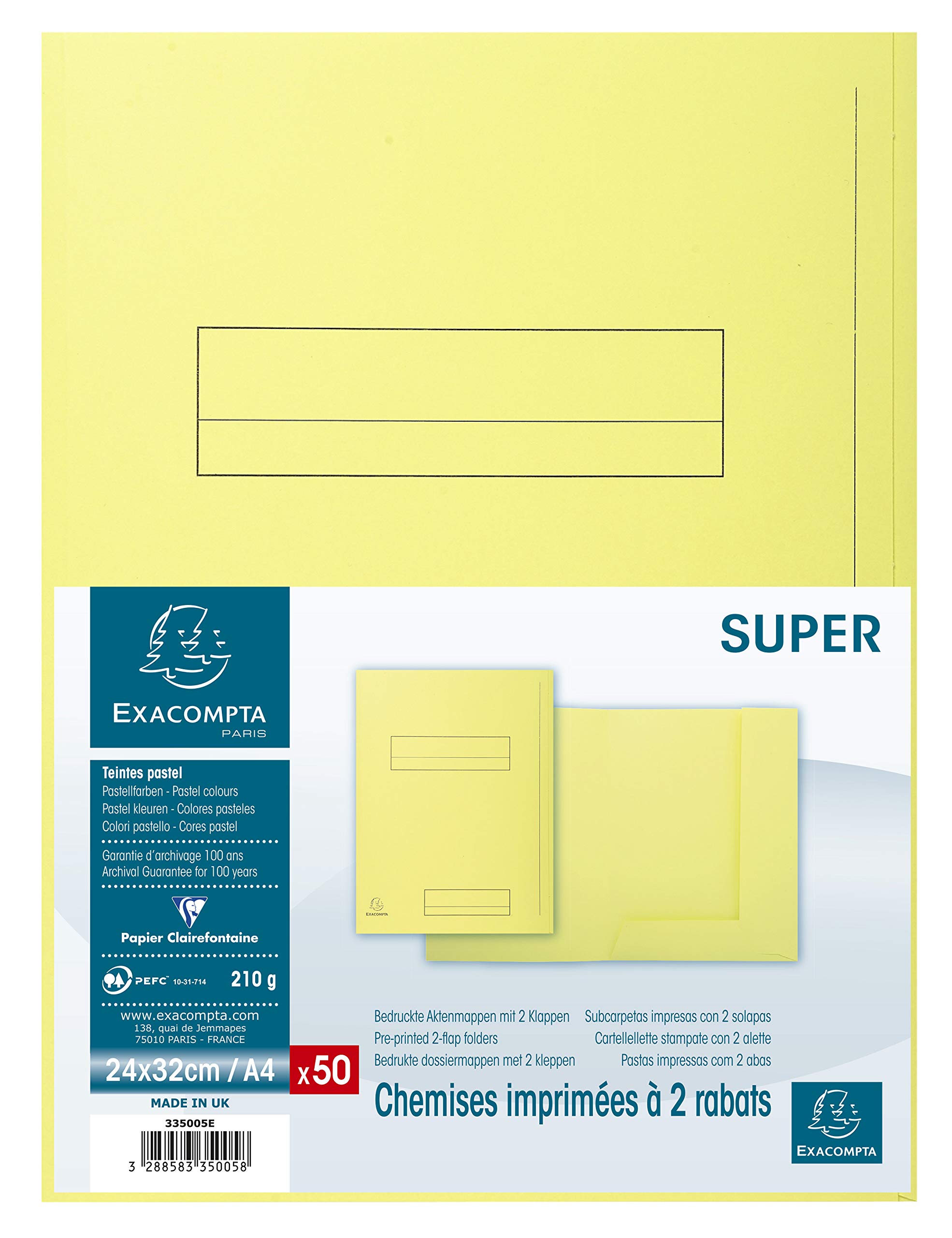 Exacompta 335005E - Lote de 50 Subcarpetas Super 250 Impresas y con 2 Solapas, Color Amarillo