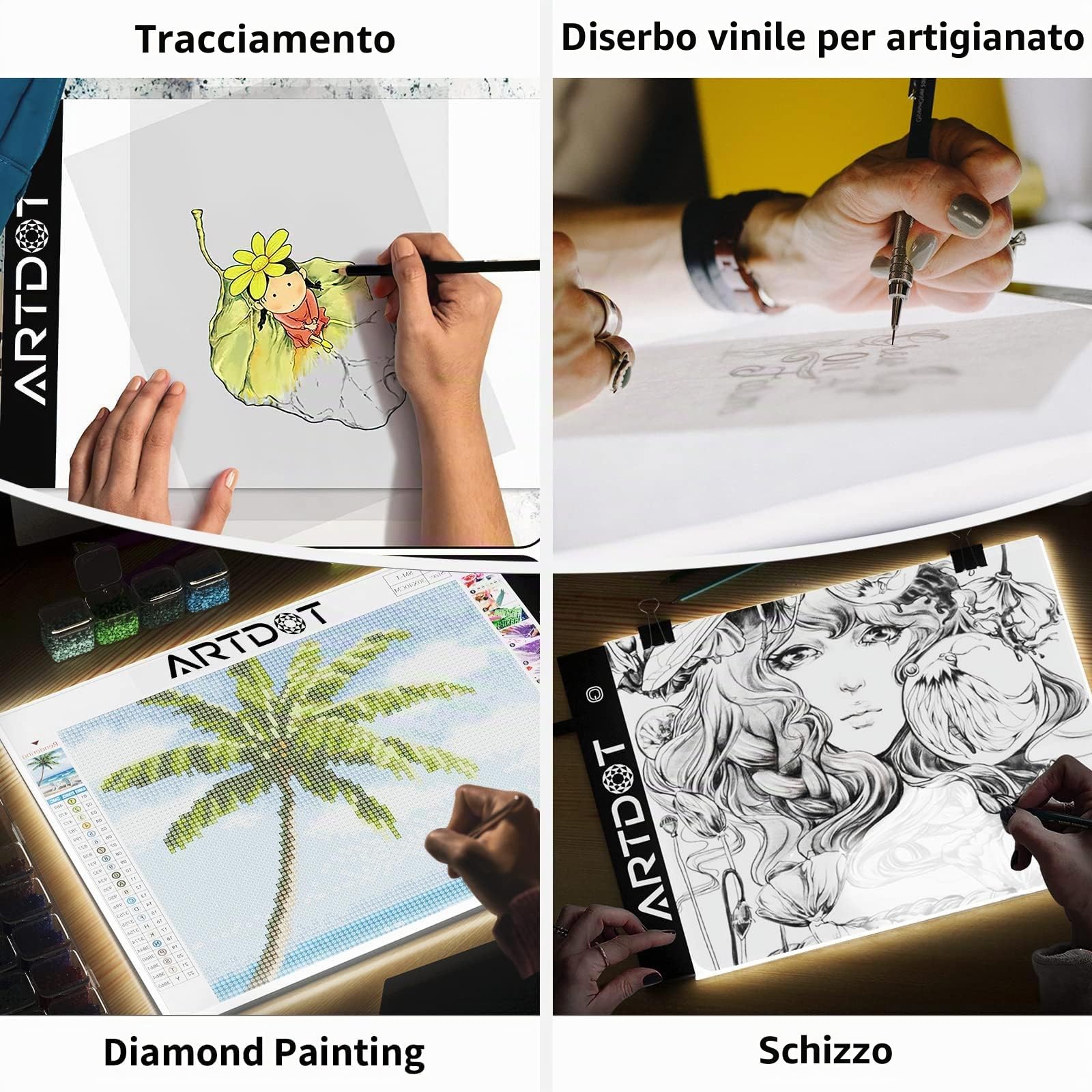 ARTDOT Tavoletta Luminosa A4, Lavagna Luminosa per Diamond Painting Kit Completo con Pittura Diamante Accessori per Diamond Dotz, Disegnare Schizzi